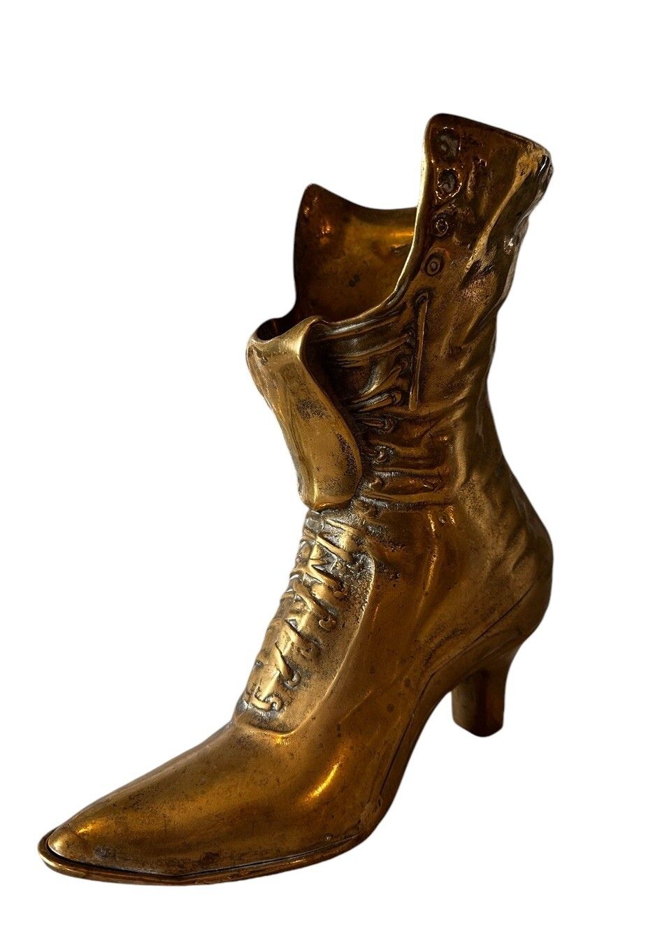 Large Heavy Antique Brass Victorian Ladies Boot Vase Superb 24cm photo for sale