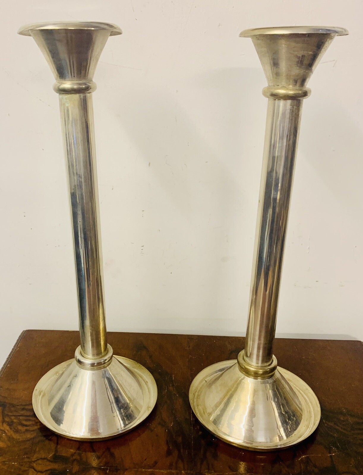 Pair Of Quality Antique Column Church Silverplated Candlesticks￼ 16” High photo furniture