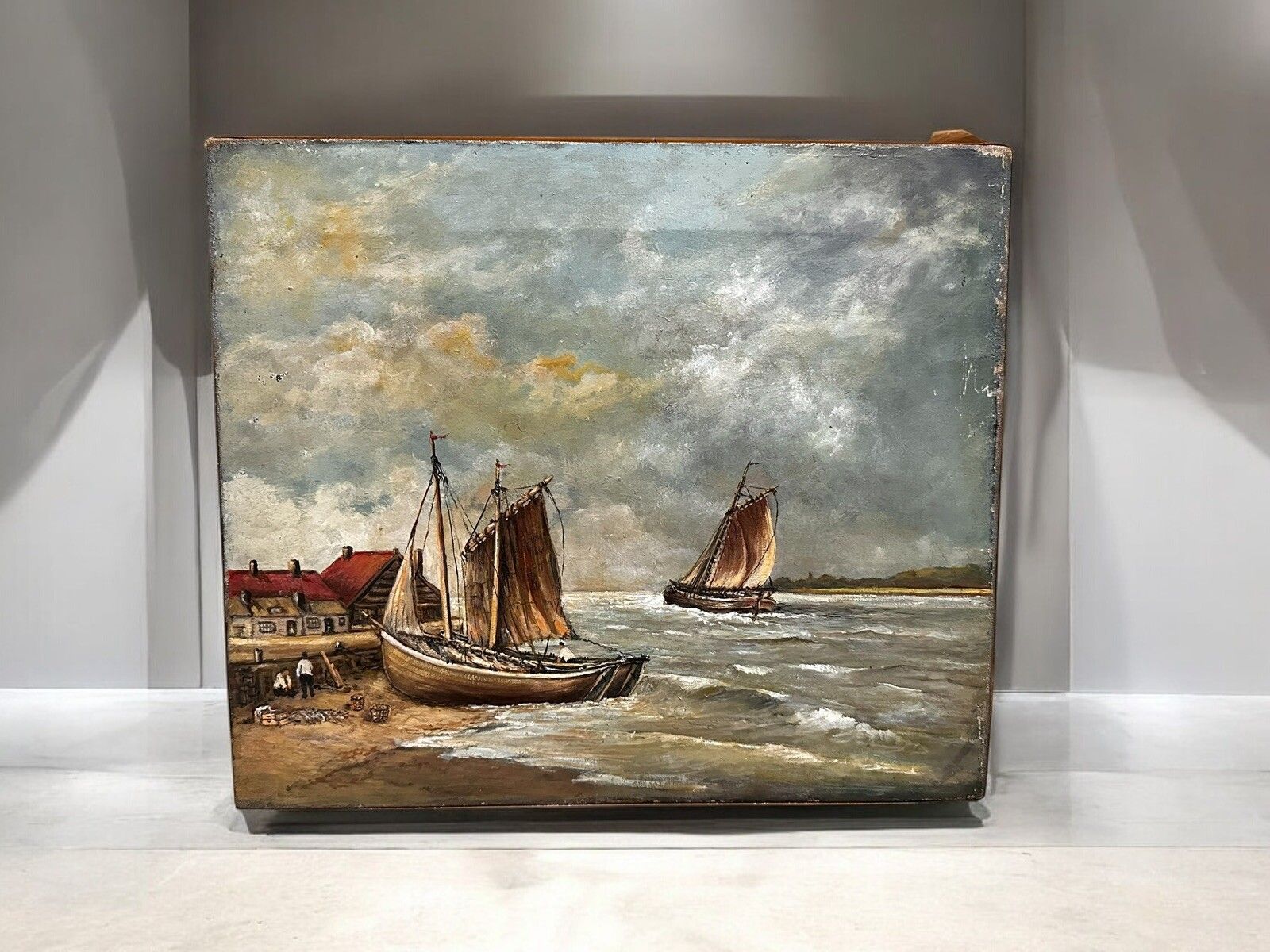 Dutch 19th Century Oil Painting On Canvas Nautical Boat Scene