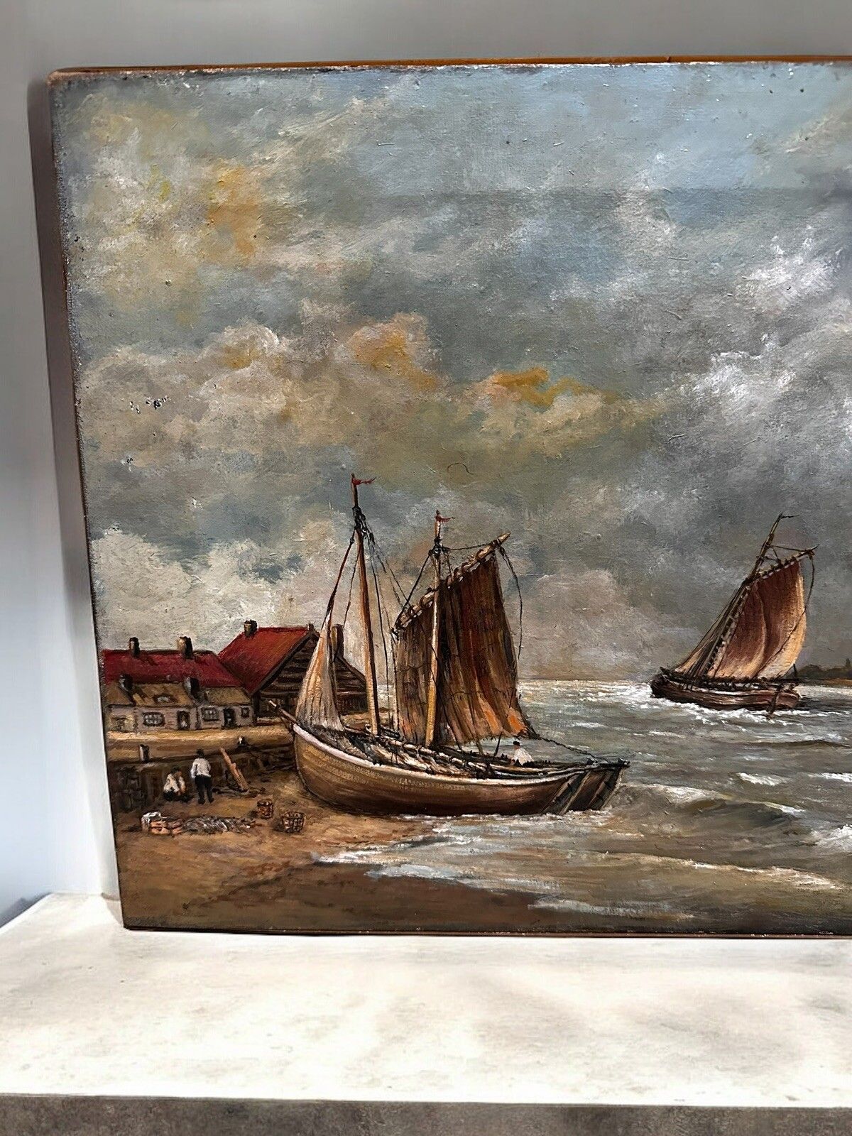 Dutch 19th Century Oil Painting On Canvas Nautical Boat Scene photo Art