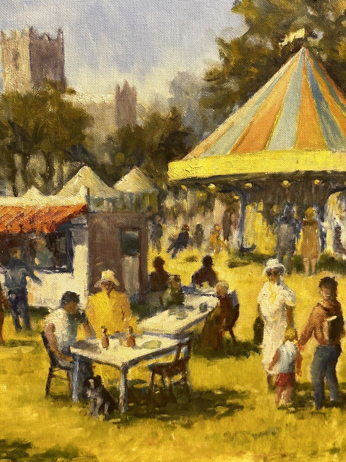 Large Vintage Oil Depicting A English Summer Festivals  Signed 87 X 62 Cm photo for sale