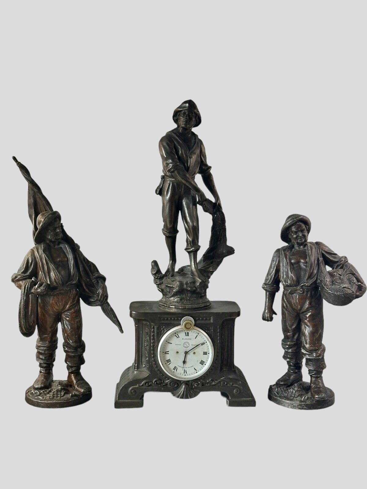 French Art Deco Spelter Fisherman Figural Clock With Jaeger Movement photo furniture