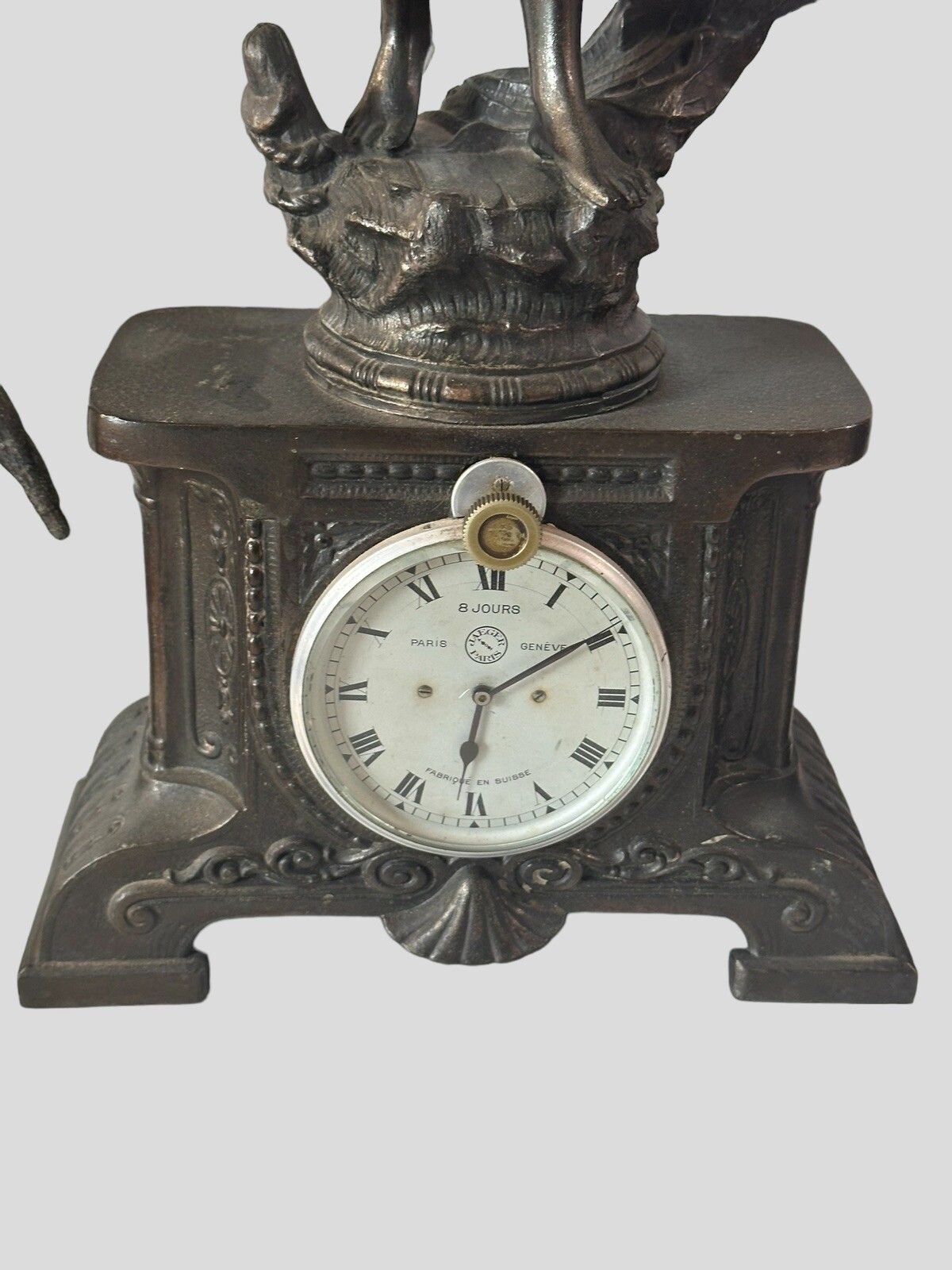 French Art Deco Spelter Fisherman Figural Clock With Jaeger Movement photo for sale