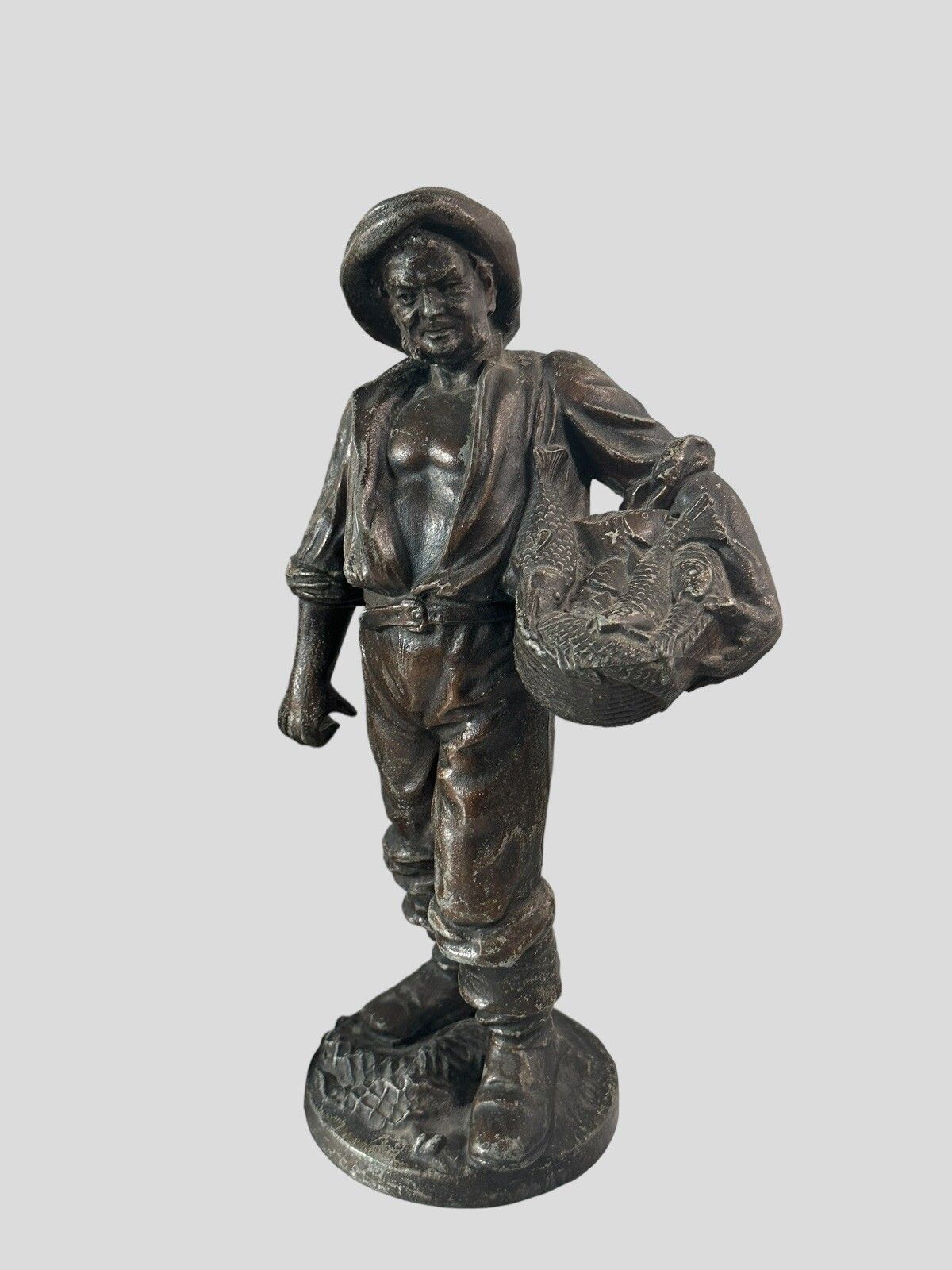 French Art Deco Spelter Fisherman Figural Clock With Jaeger Movement photo 395.0