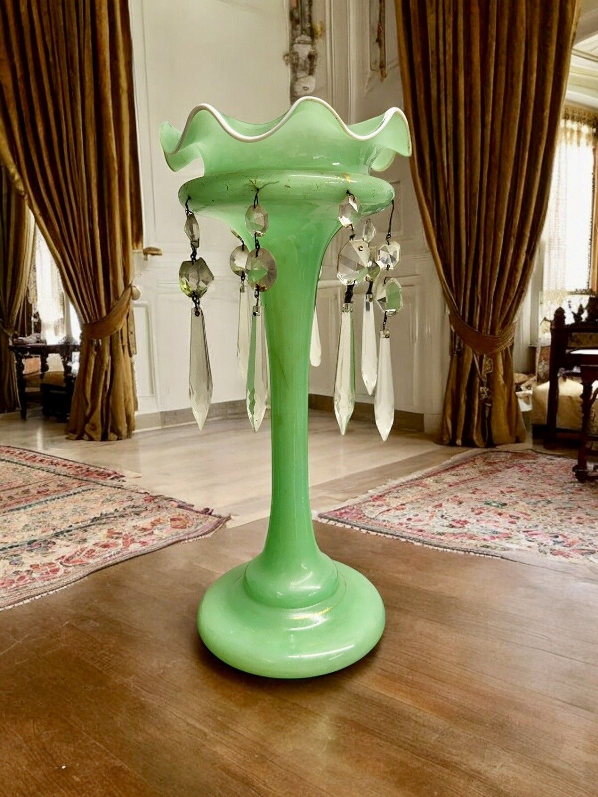 Victorian Green Lustre Vase , C.1870. With Crystal Dangles