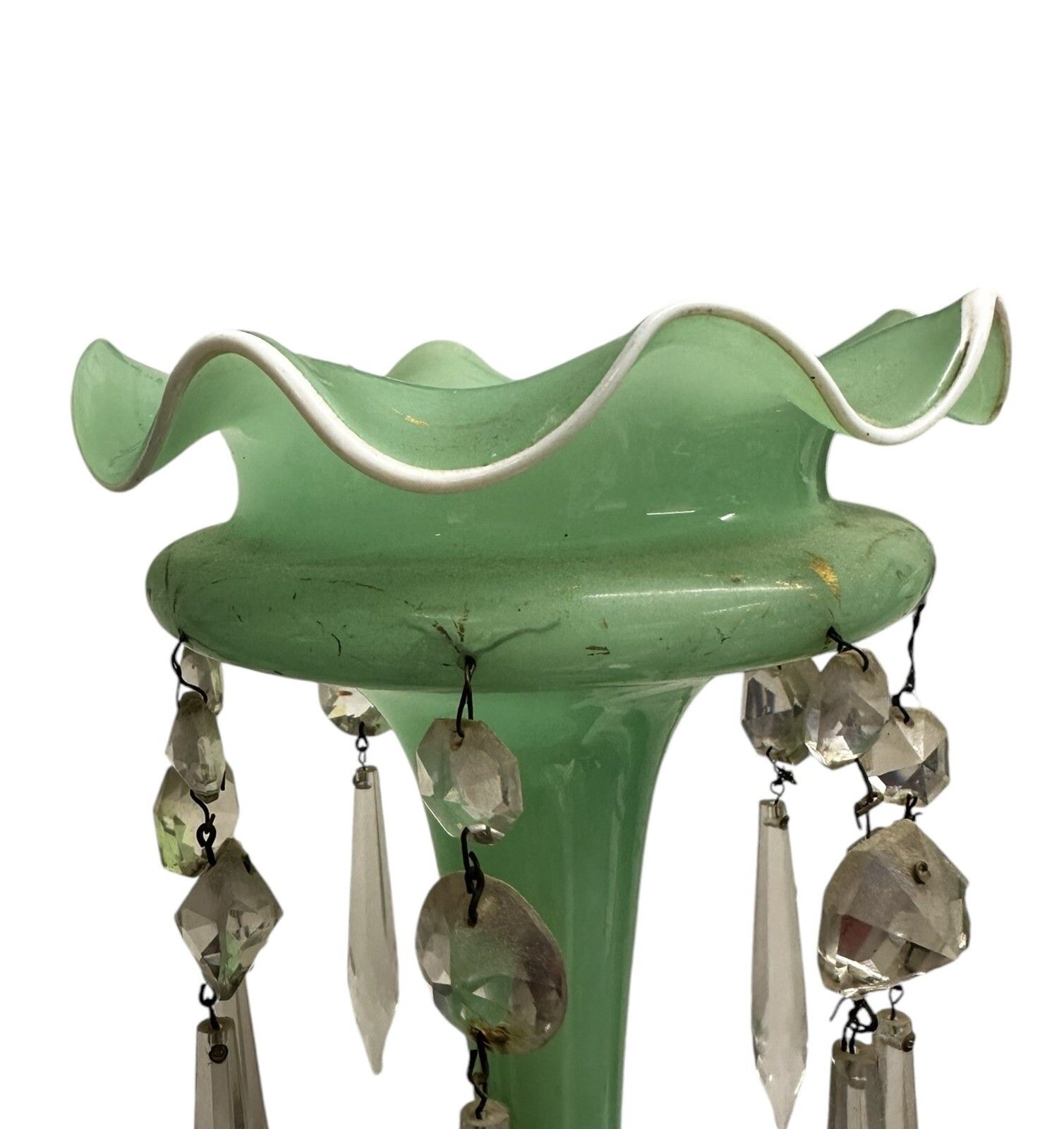 Victorian Green Lustre Vase , C.1870. With Crystal Dangles photo Home Decor