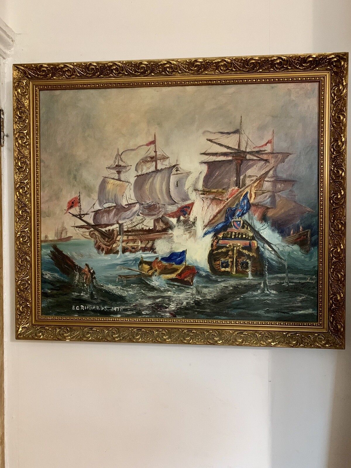 Original Mid Century Oil On Canvas Nautical Maritime Painting Signed 69cm X 59 photo furniture
