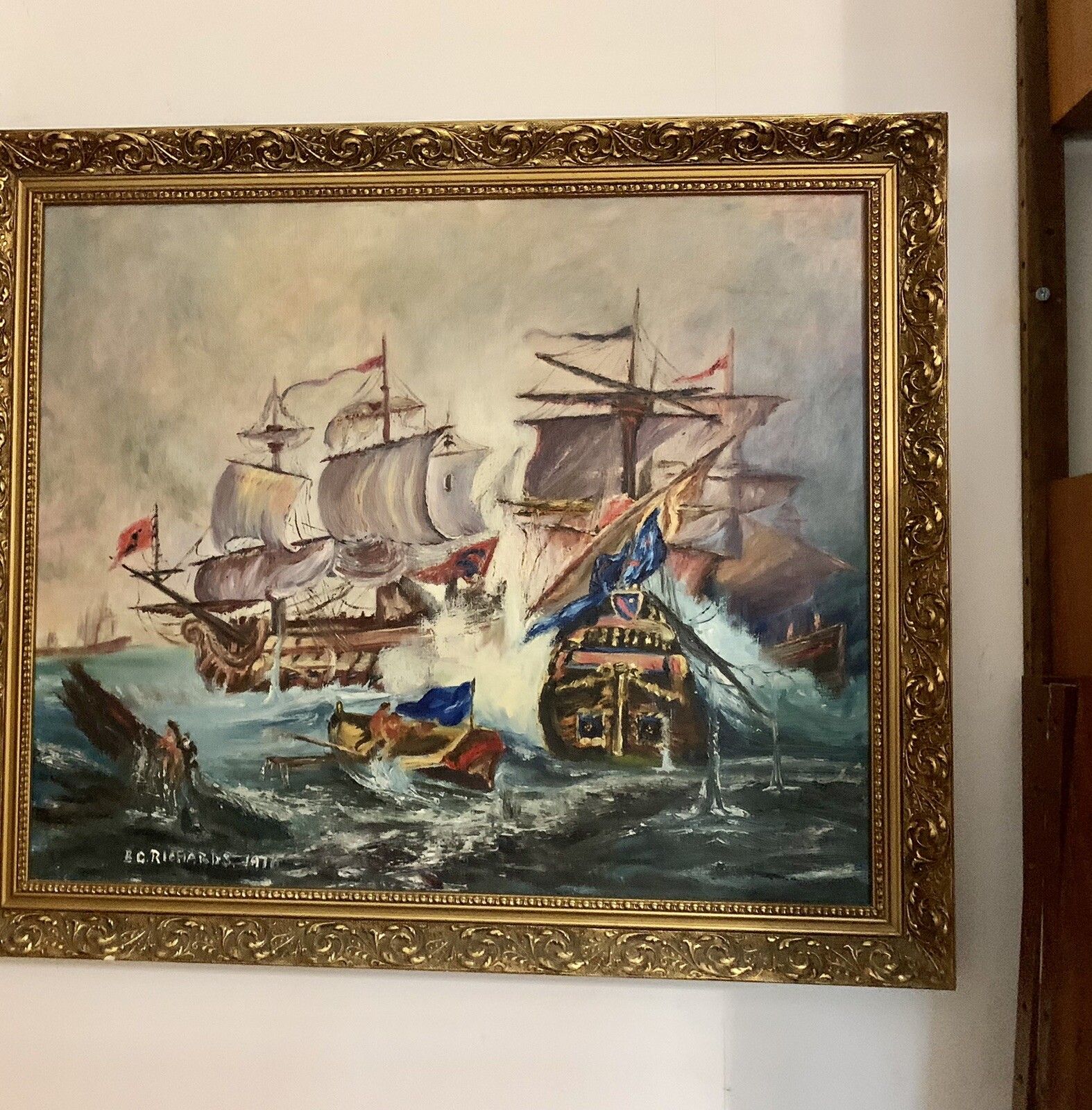 Original Mid Century Oil On Canvas Nautical Maritime Painting Signed 69cm X 59 photo for sale