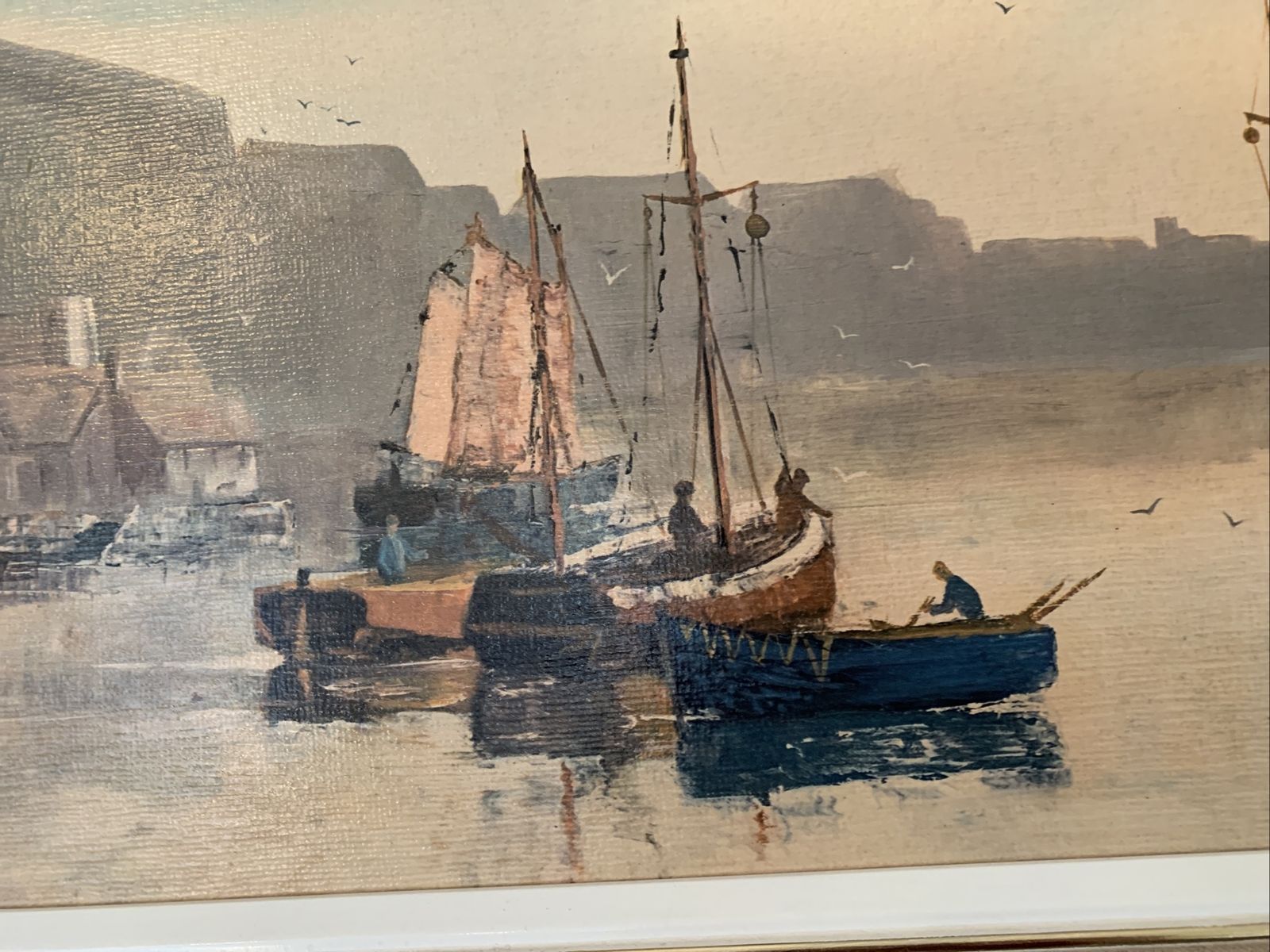 Vintage Large Mid Century Harbour Scene Print Art  Framed 93cm By 48cm photo for sale