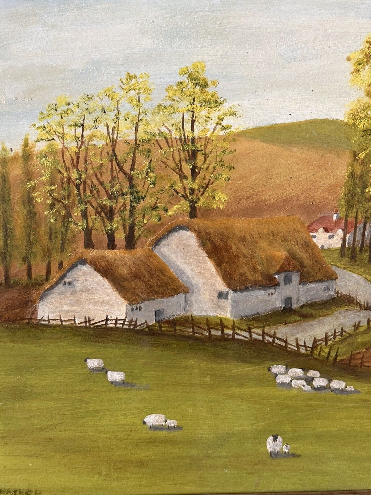 Mid Century Oil Painting Sheep, Farm Countryside Landscape Scene 68x54cm photo Art