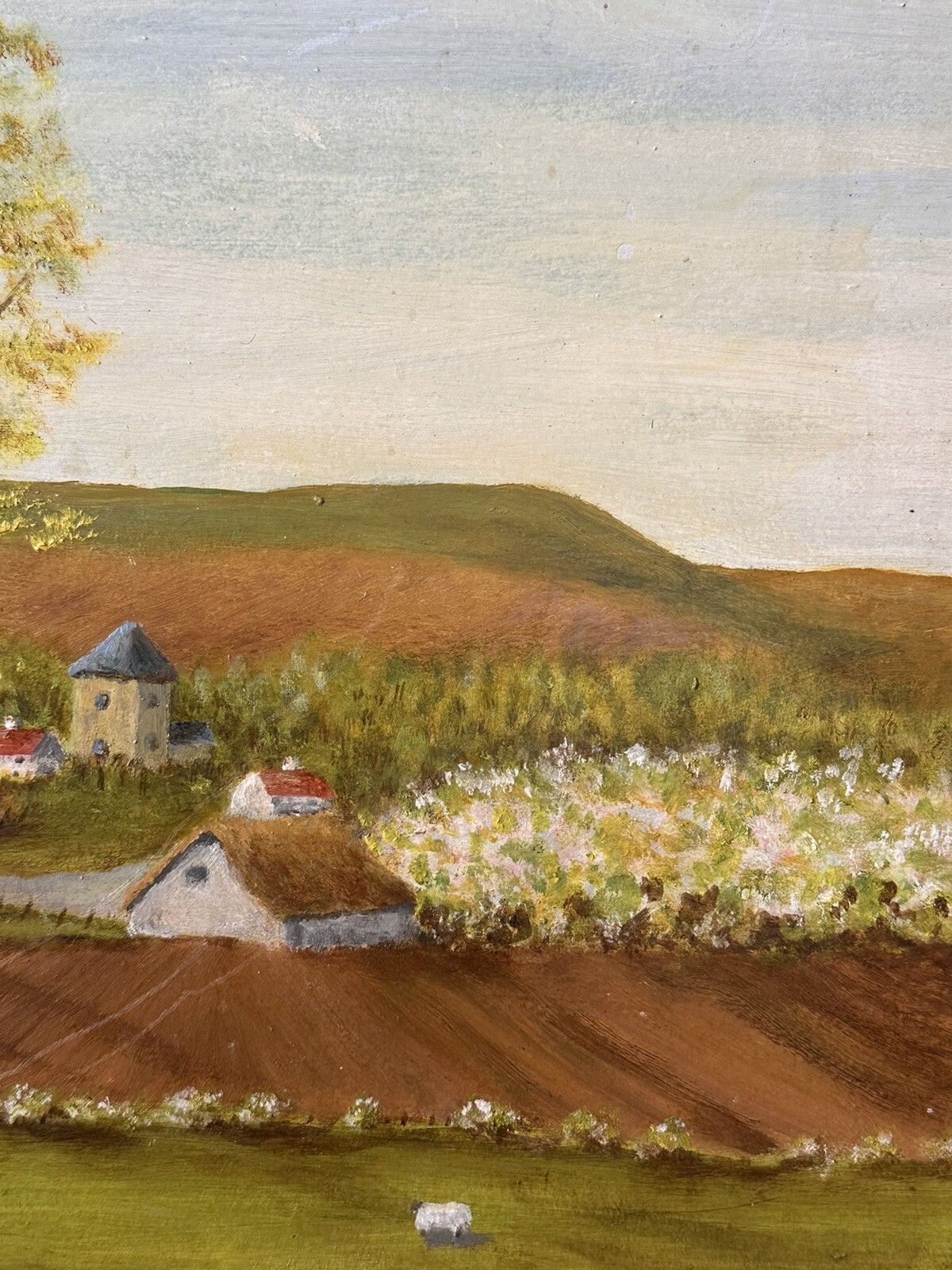 Mid Century Oil Painting Sheep, Farm Countryside Landscape Scene 68x54cm photo vinterior