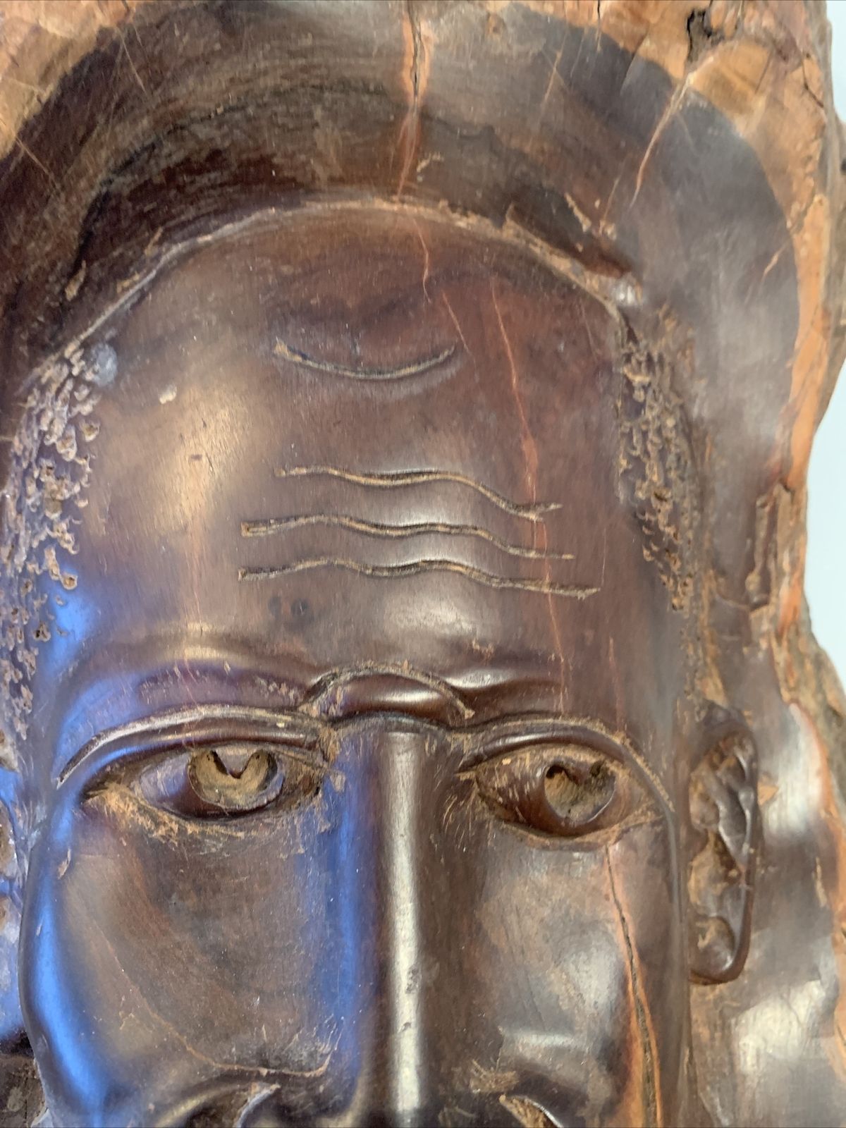 African. Authentic Antique Art Tribal Carved Face In Wooden Tree Trunk photo vinterior