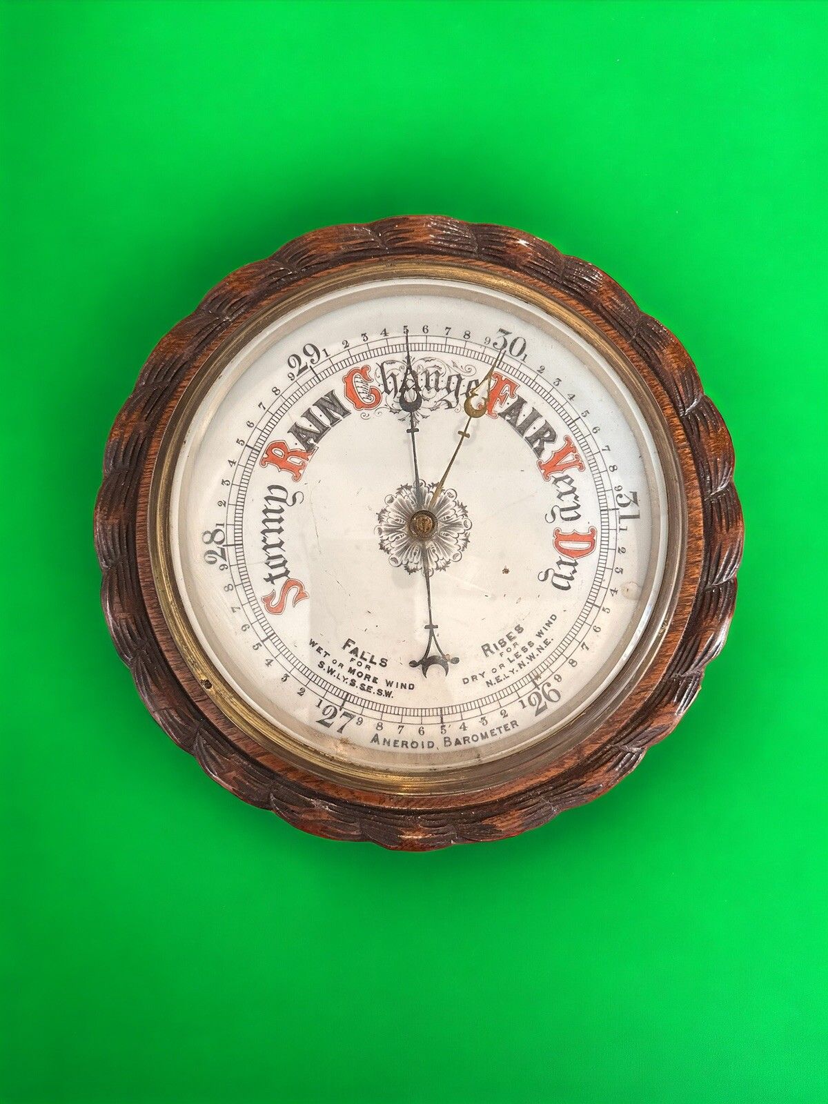 Large C1900’s Antique Carved Rope Edge Oak Barometer 27cm Diameter photo for sale