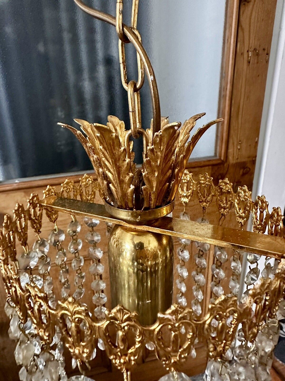 Mid Century Gold Plated And Crytstal Chandelier With Wires And Rose photo for sale