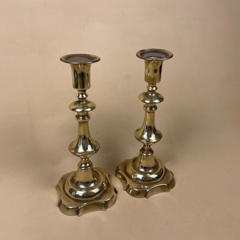 Antique Matching Pair Of 2 Gold Solid Brass Metal Candlestick Candle Stick Ornate Vintage Taper Dinner Candlesticks Set photo for sale