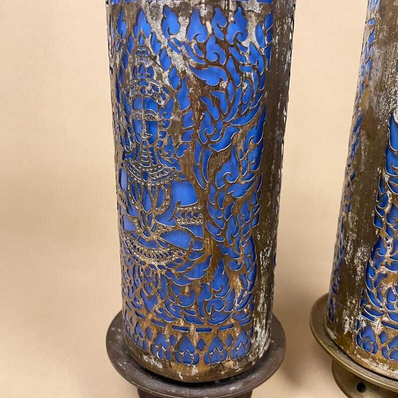 Antique Pair Of Matching Indian Cut Metal Brass Glass Candlestick Candle Stick Holder Tea Lights Vintage Candlesticks Blue Ornate Patterned photo for sale
