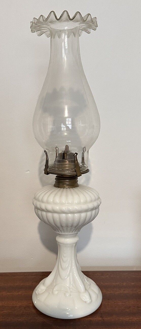 Antique 19th C French Portieux Vallerysthal White Opaline Milk Glass Oil Lamp photo furniture