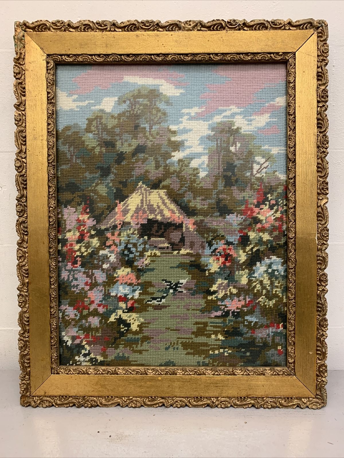 Antique Gilt Wooden Framed Tapestry Lillian/Henry Sylvester Standard photo furniture