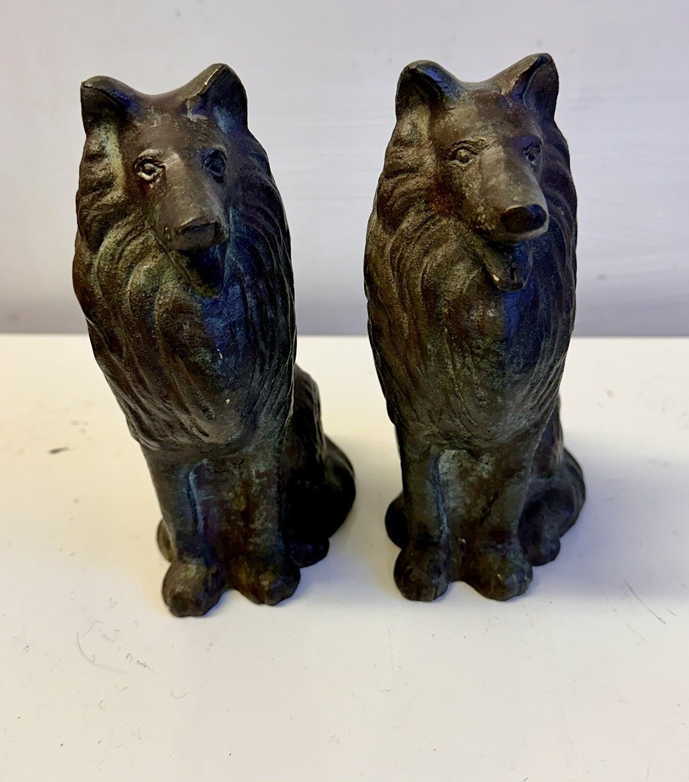 Pair Of Antique Bronze Collie Dogs Figures Excellent Detail Heavy photo furniture