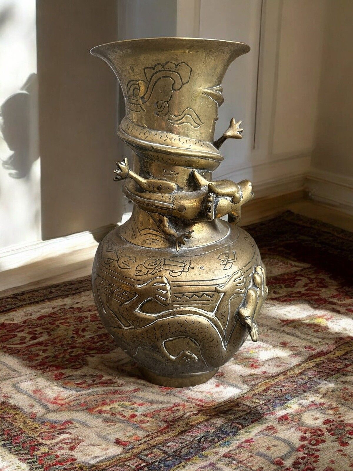 Antique Bronze Dragon Vase Oriental Chinese Stamp To Base photo furniture