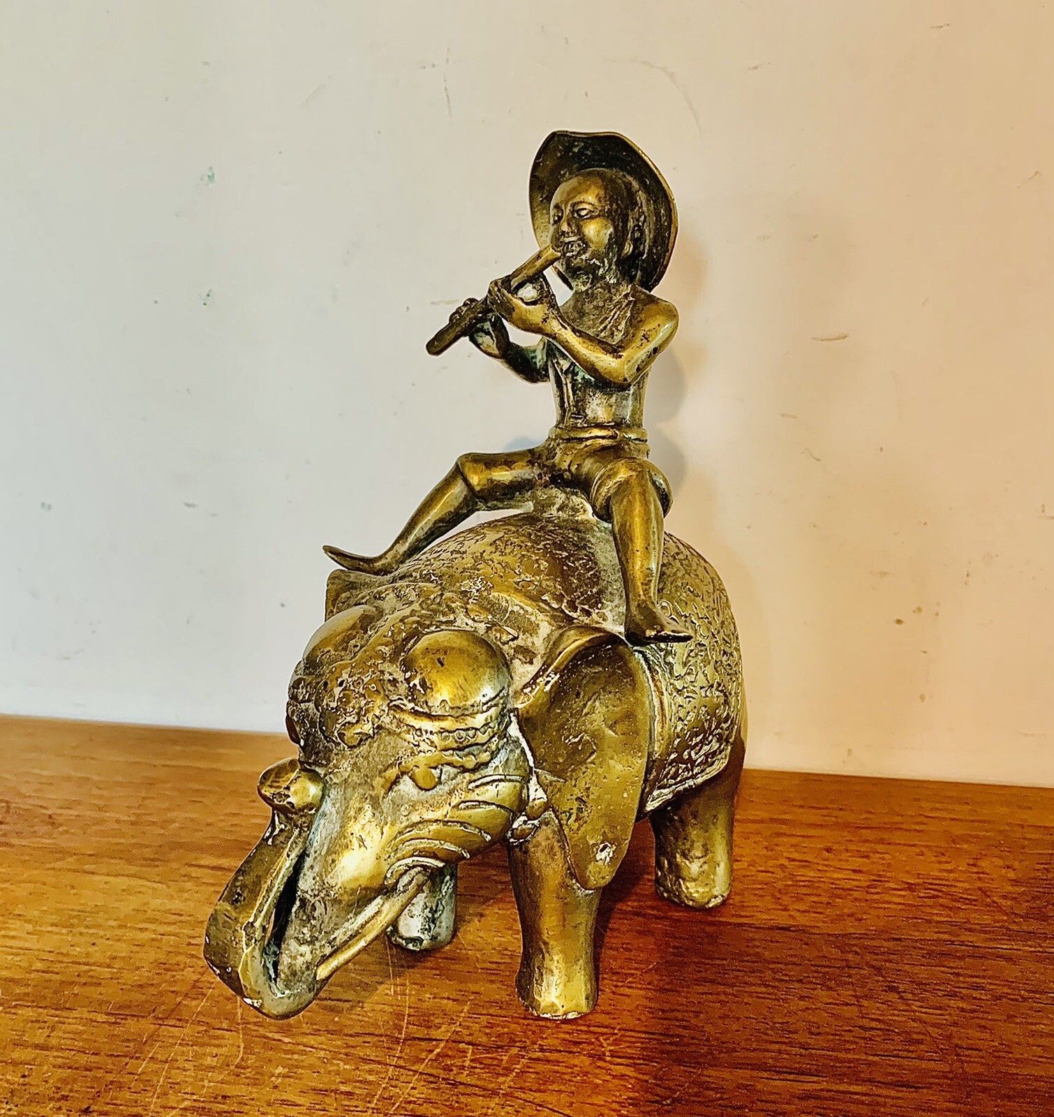Antique Oriental Chinese Heavy Brass Bronze Shepherd Boy Riding Elephant Statue