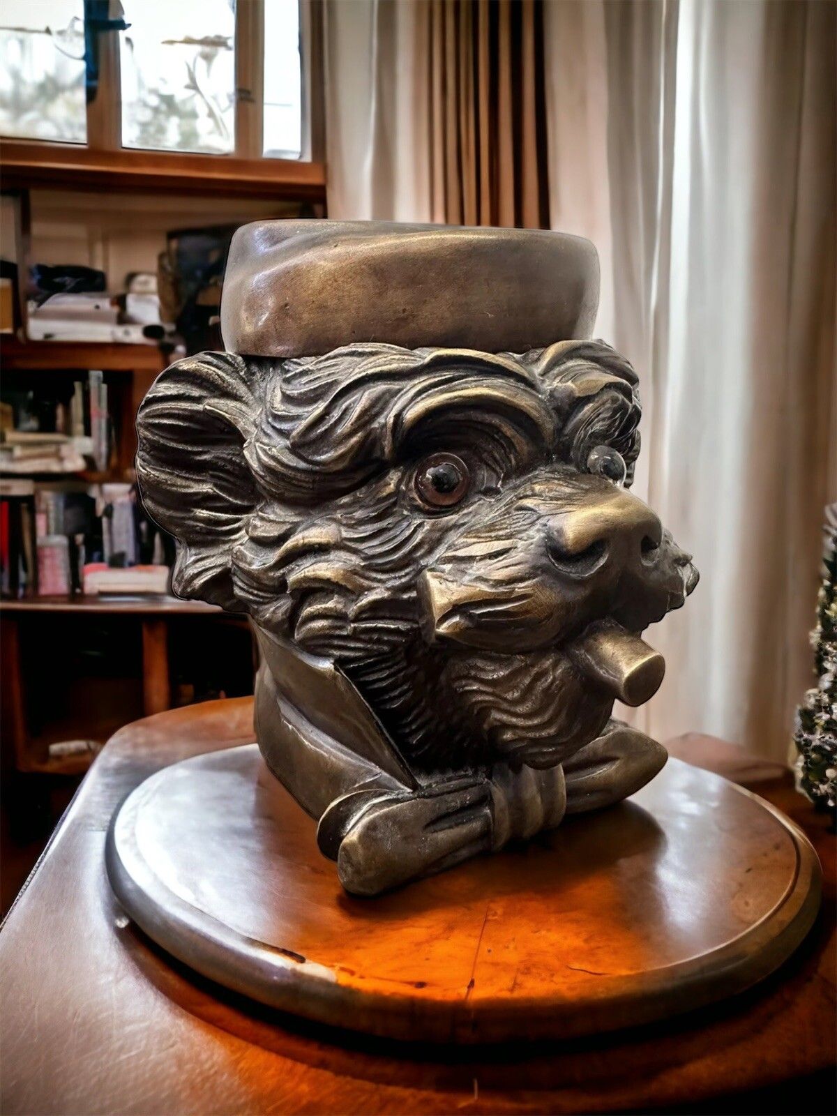 Fabulous Bronze Dog Bust Tobacco Jar With Glass Eyes 2.47kg