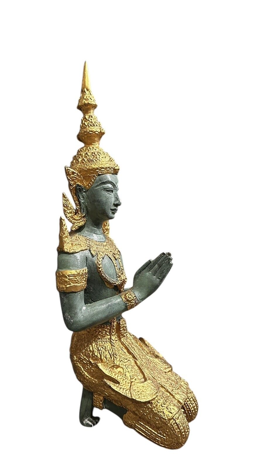 Early 20th Gilt Verdi Heavy Bronze Kneeling Praying Deity 33cm Tall photo furniture