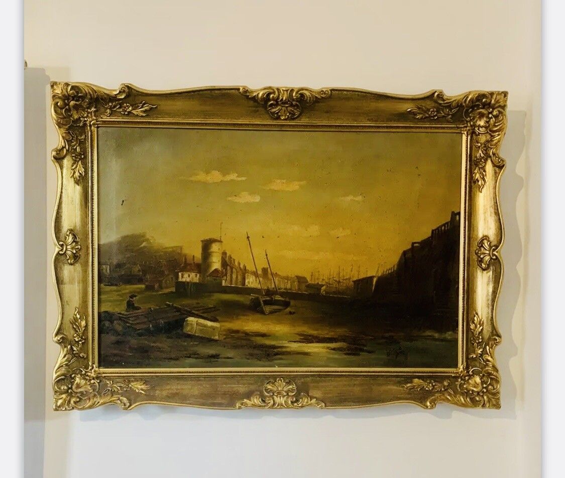 19tn Century Oil On Canvas Nautical Fishing Harbour Scene ￼In Style Of Godchaux