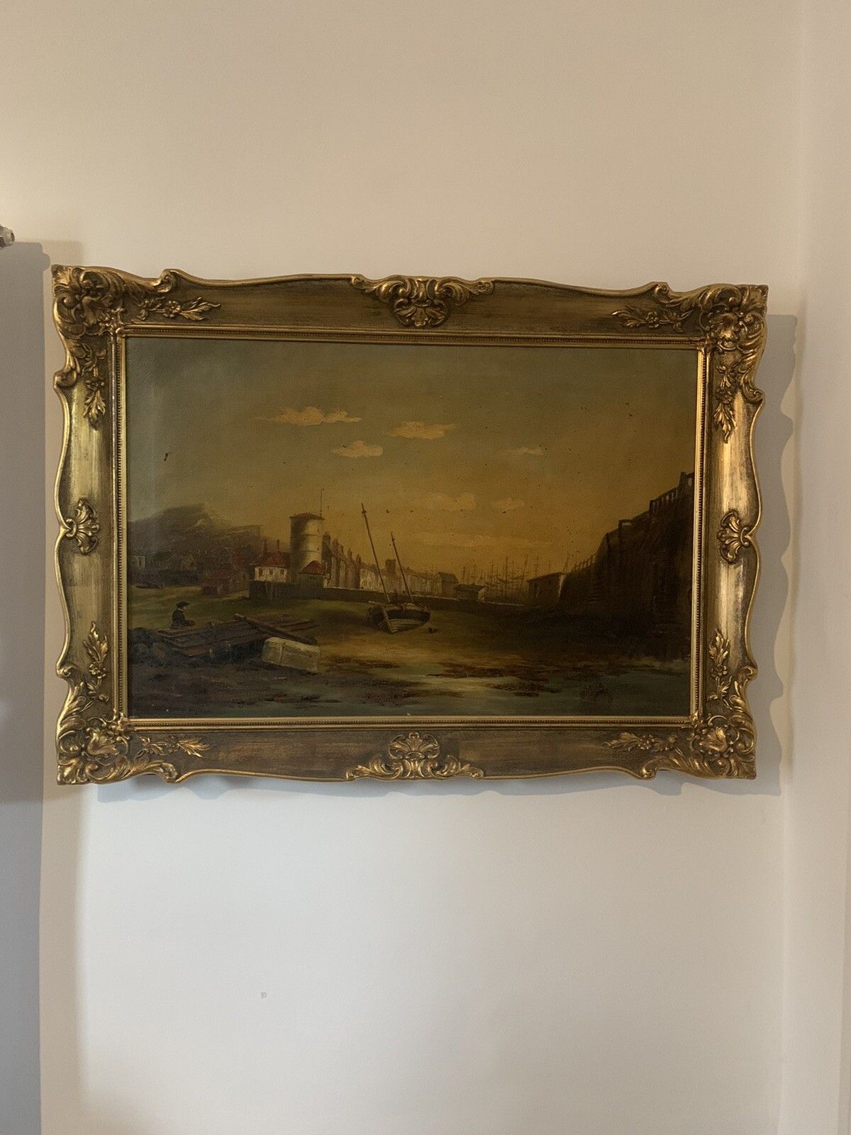19tn Century Oil On Canvas Nautical Fishing Harbour Scene ￼In Style Of Godchaux photo 170.0