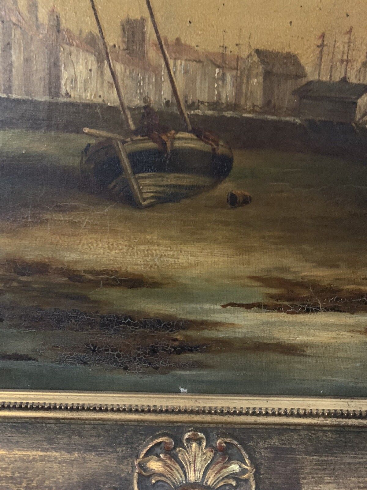 19tn Century Oil On Canvas Nautical Fishing Harbour Scene ￼In Style Of Godchaux photo vintage