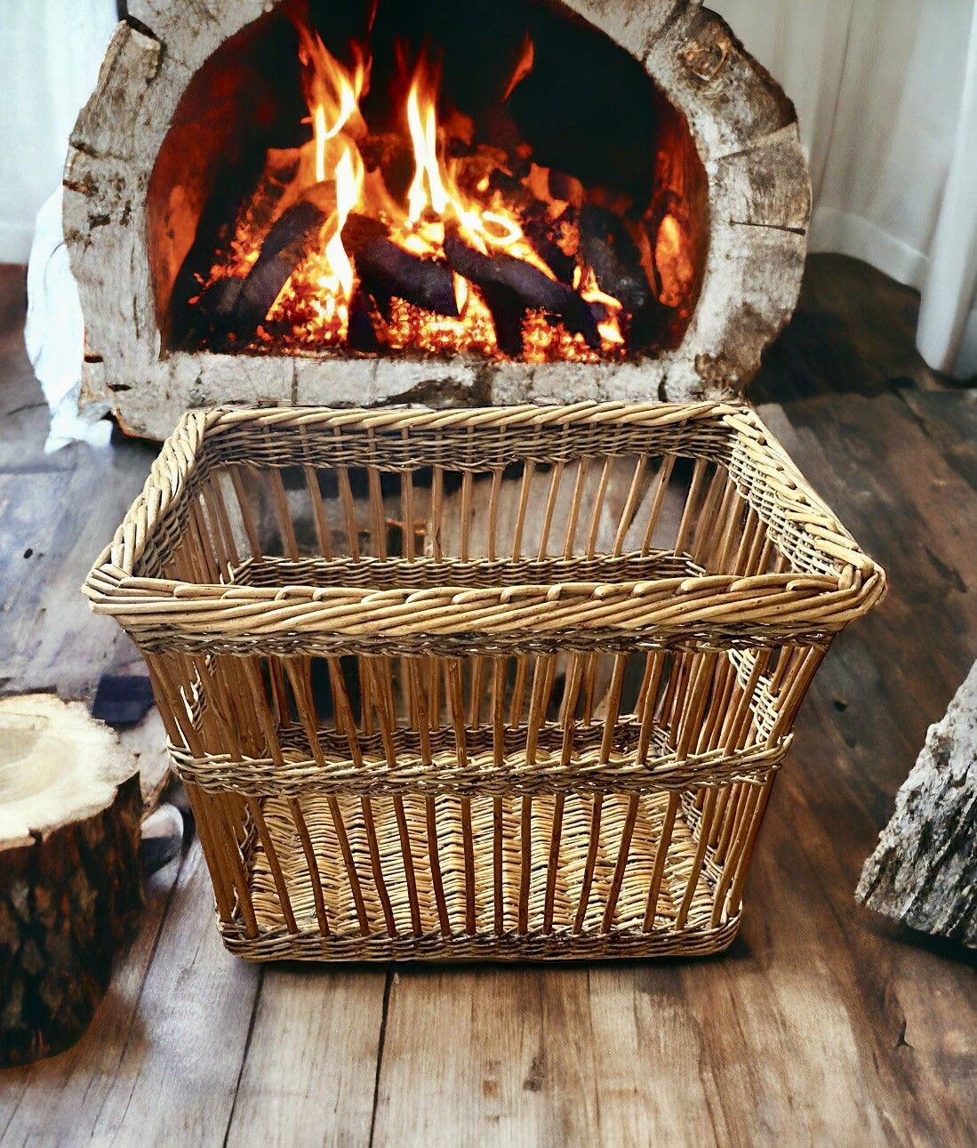 Vintage Quality Large Rattan Wicker Log Basket 66cm By 48cm