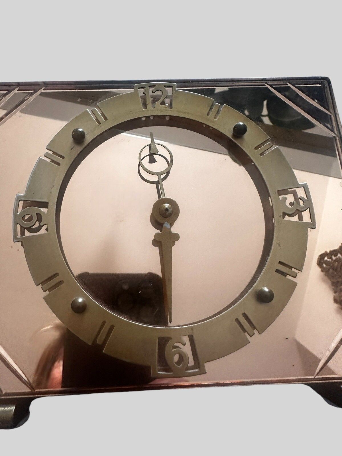 Peach Glass English Smiths Made Art Deco Desk Mantle Clock Timepiece photo for sale