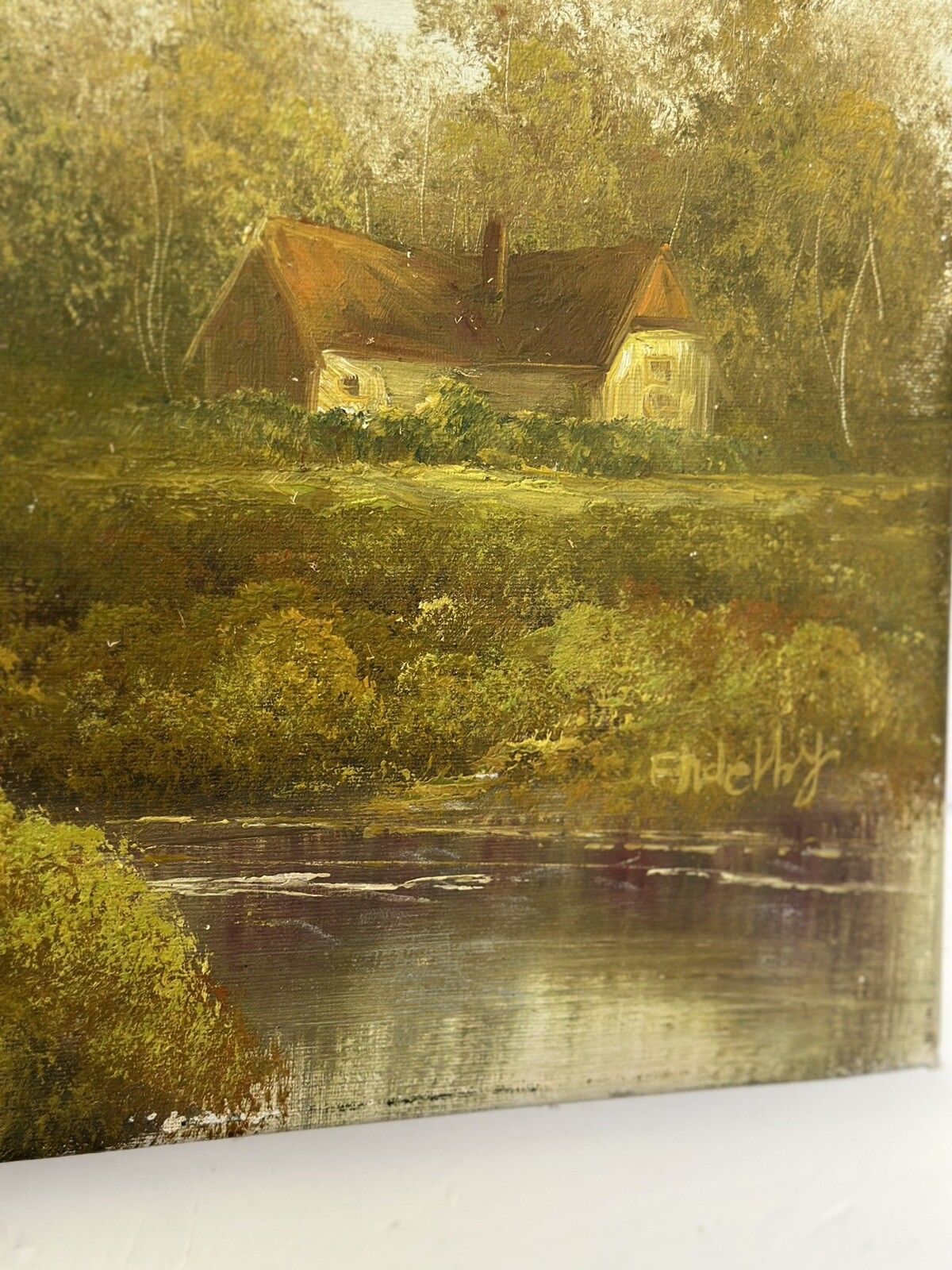 Vintage Signed Oil Painting On Canvas Landscape Scene 62cm By 52cm photo Art