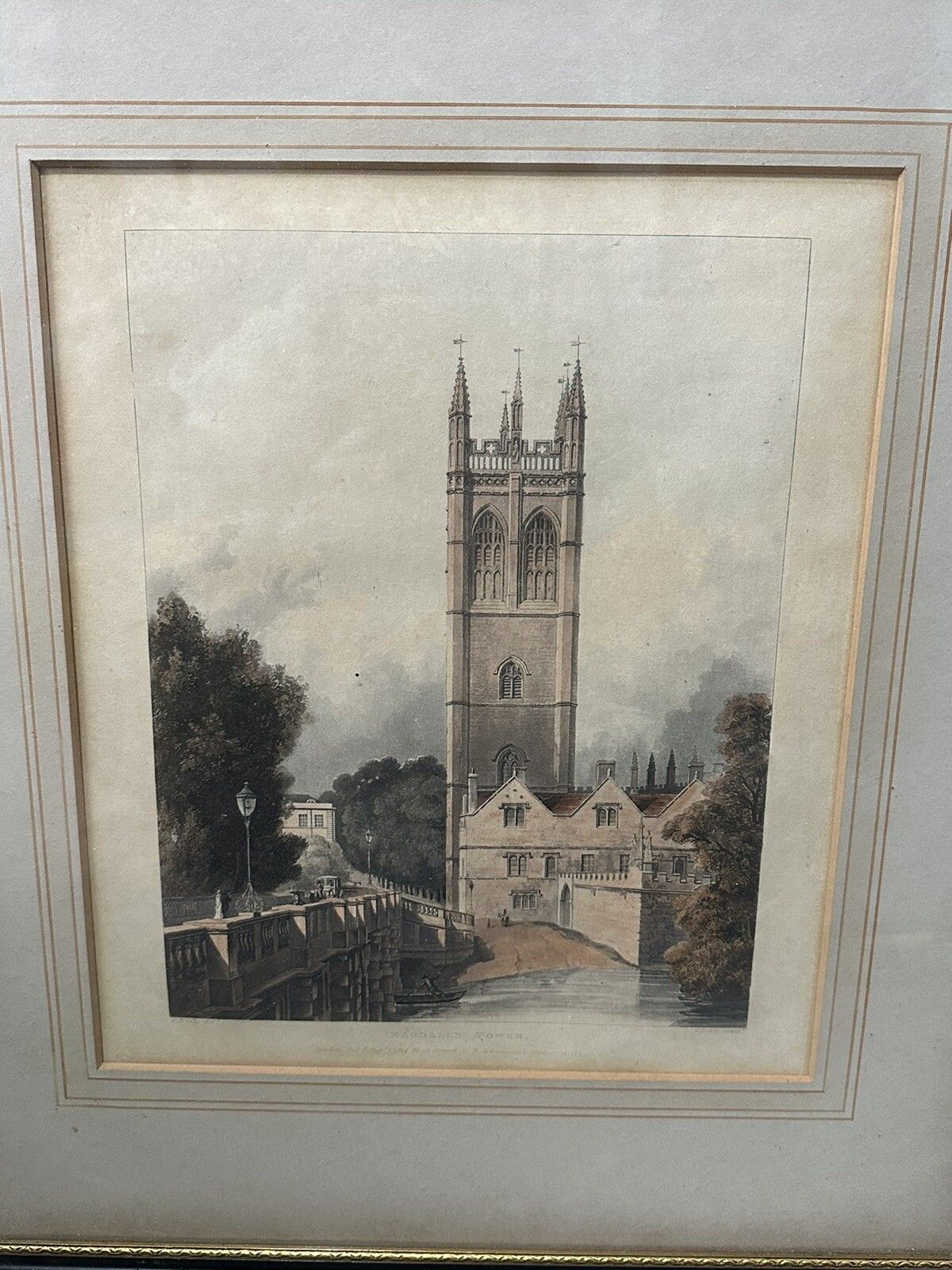 Antique Aquatint Fine Art F Nash 1823 Magdalen Tower And Bridge Oxford photo vintage