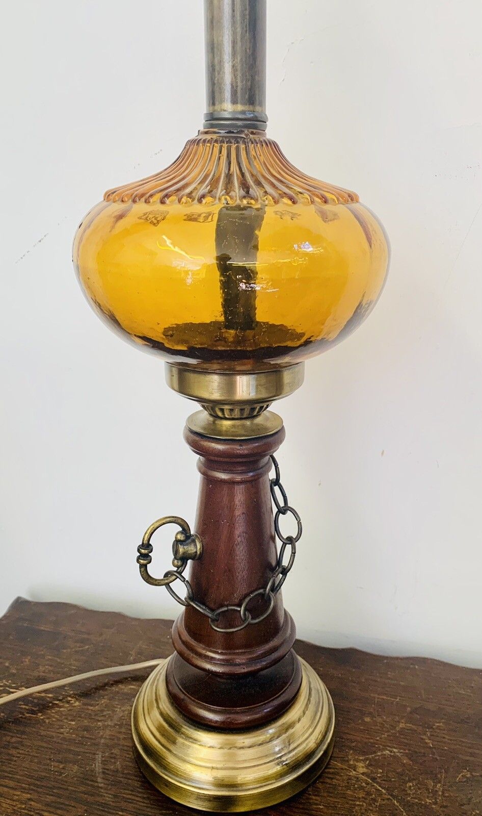 Vintage Mid Century Nautical Amber Glass Oil Lamp Style Table Lamp photo for sale