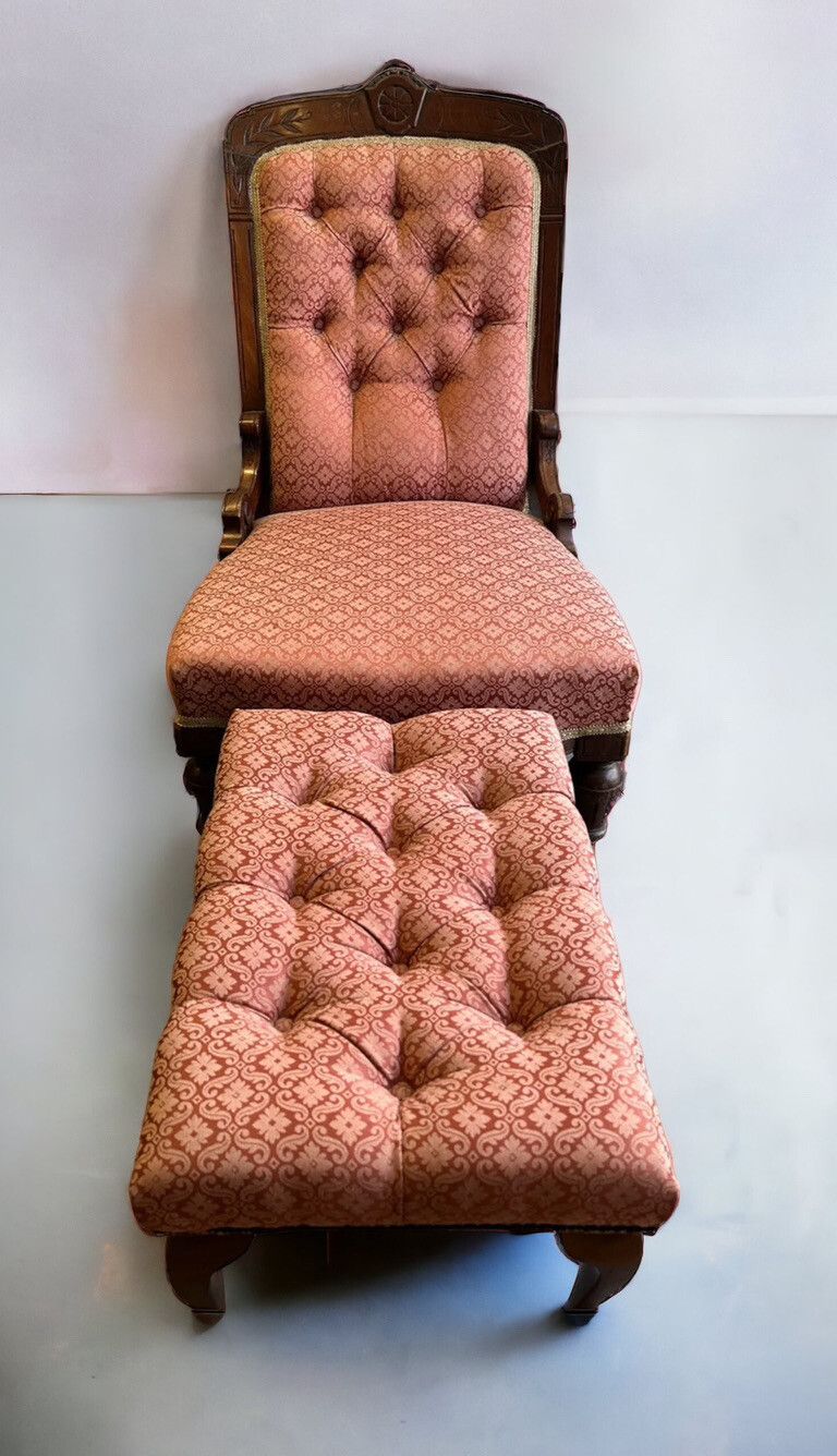 Antique Victorian Upholstered Armchair And Foot Stool photo furniture