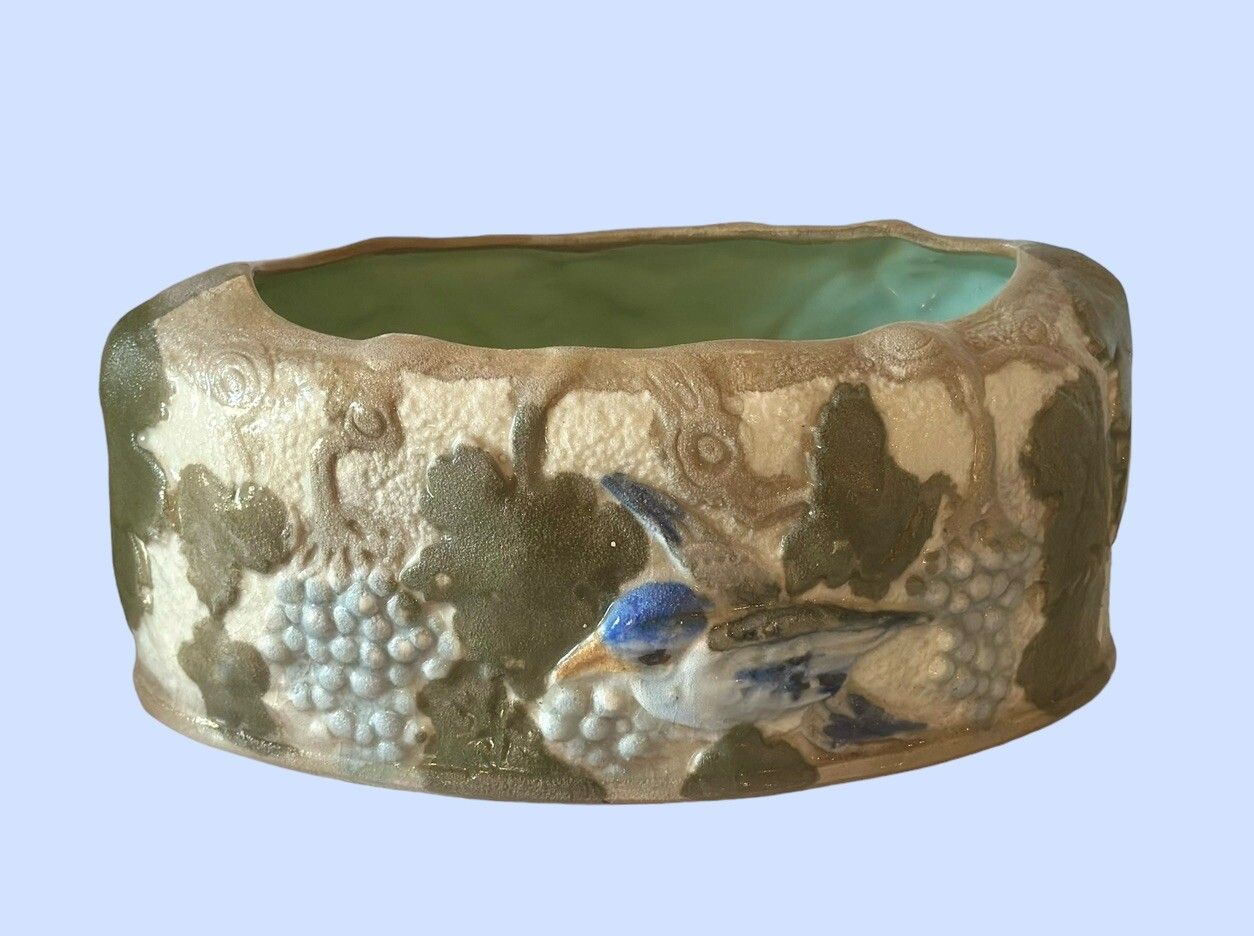 Mid Century Large British Made Glazed Hand Painted Pottery Planter Love Birds photo for sale