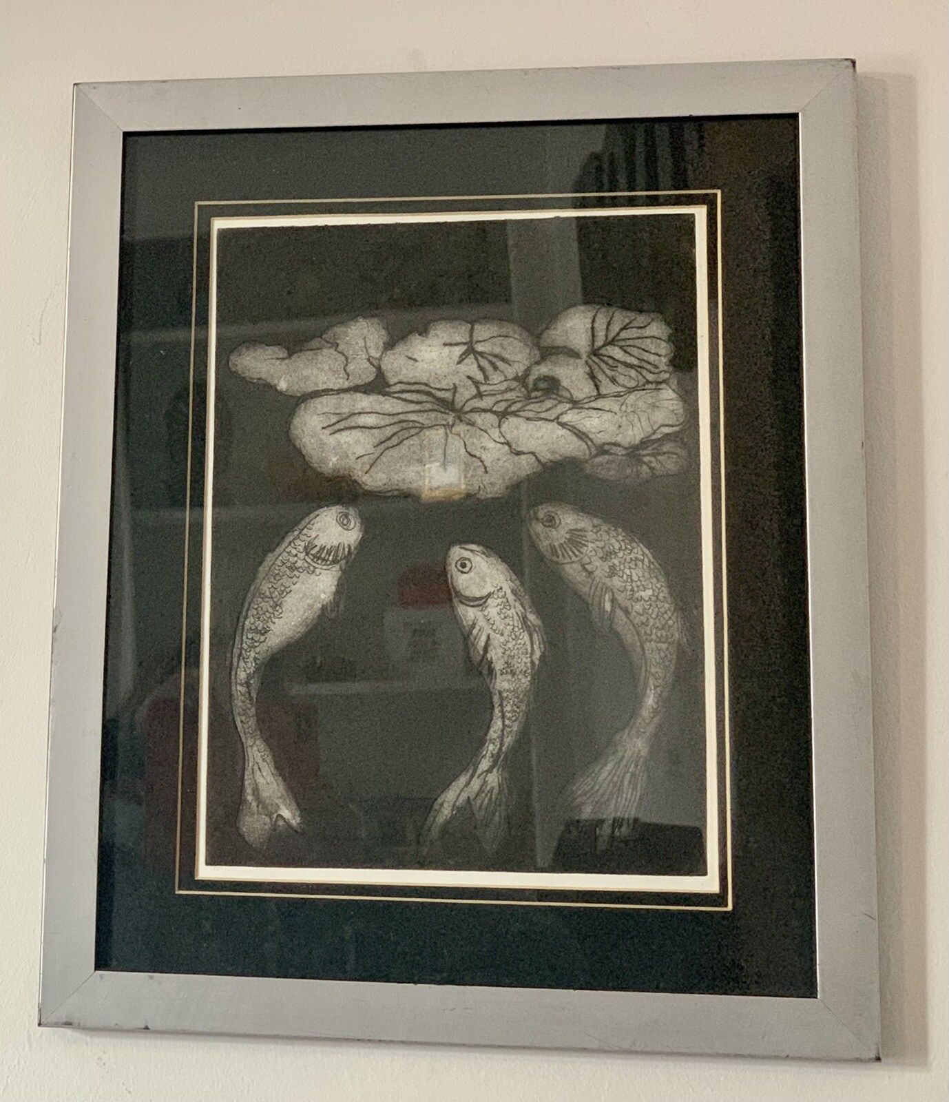 Vintage Framed Glazed Fish Koi Study Ink Drawing Superb 42cm By 35cm photo furniture
