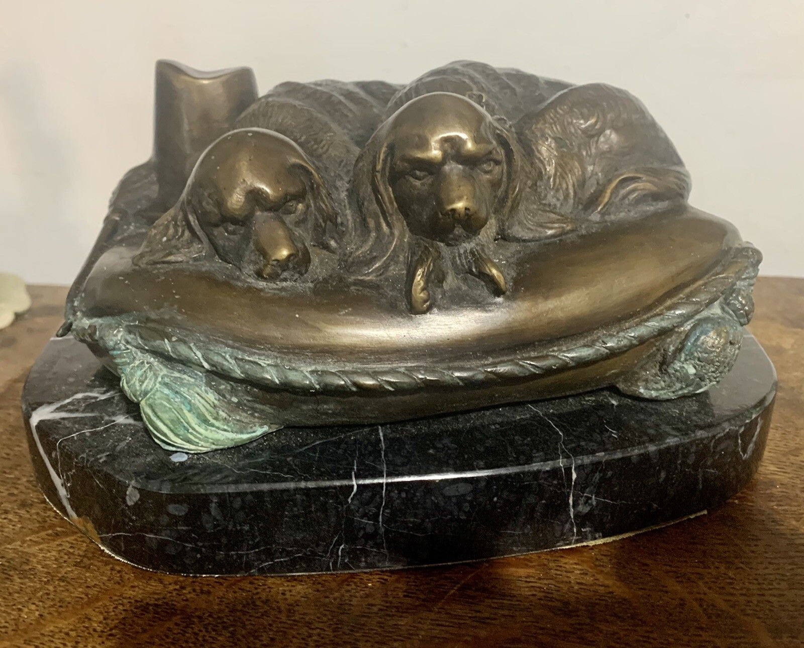 French Art Deco Bronze Signed Bonheur Spaniel Dogs Sleeping In Basket
