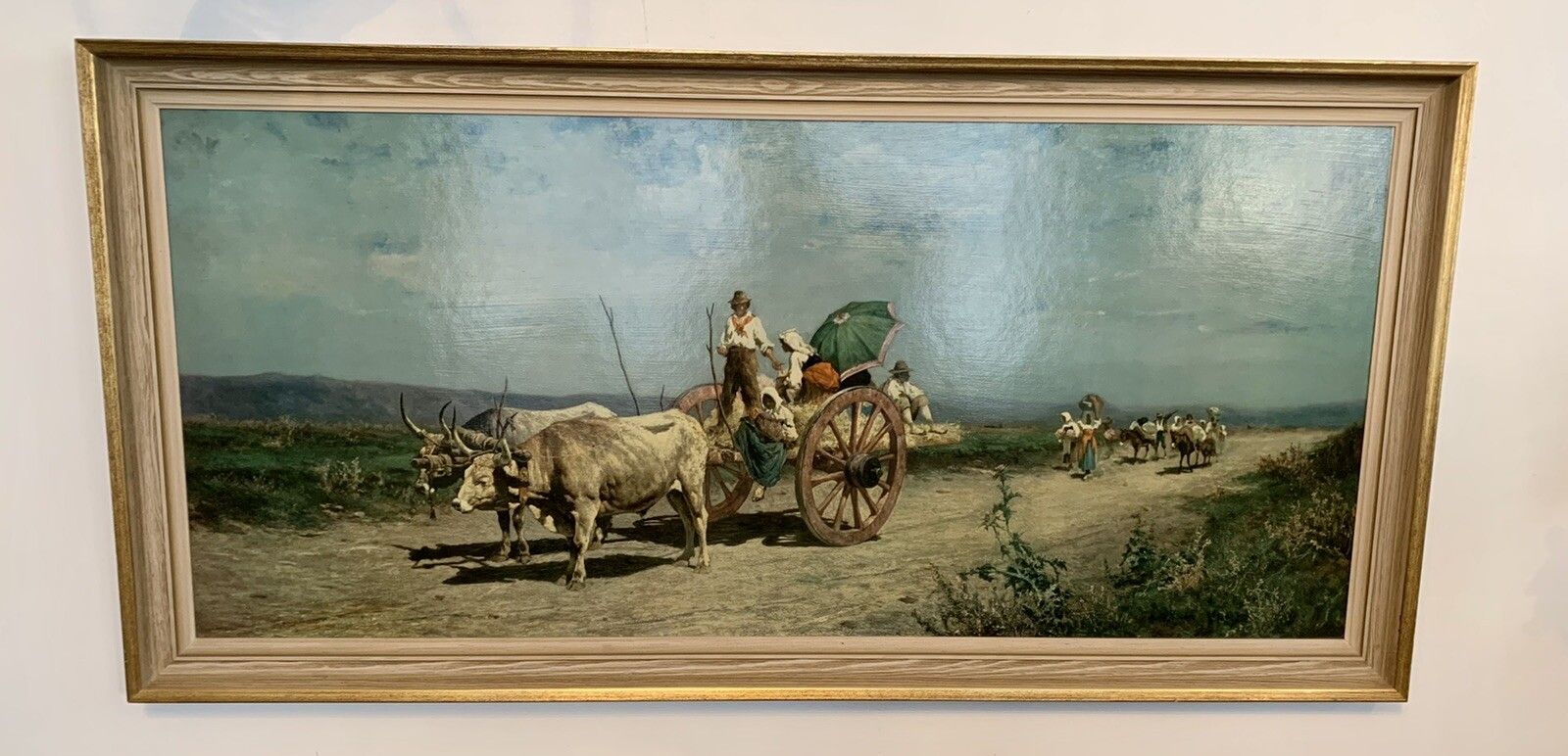 Mid Century Large Framed Print Painting Of Ox And Cart  110 Cm By 54cm photo buy