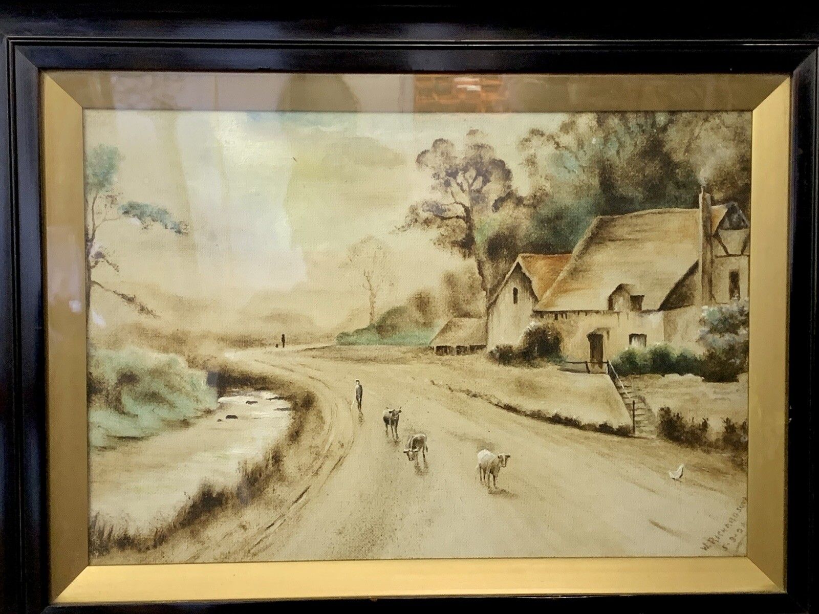 Original 19th Century Painting By W Richardson  Country Sheep Scene Farm  House￼ photo furniture