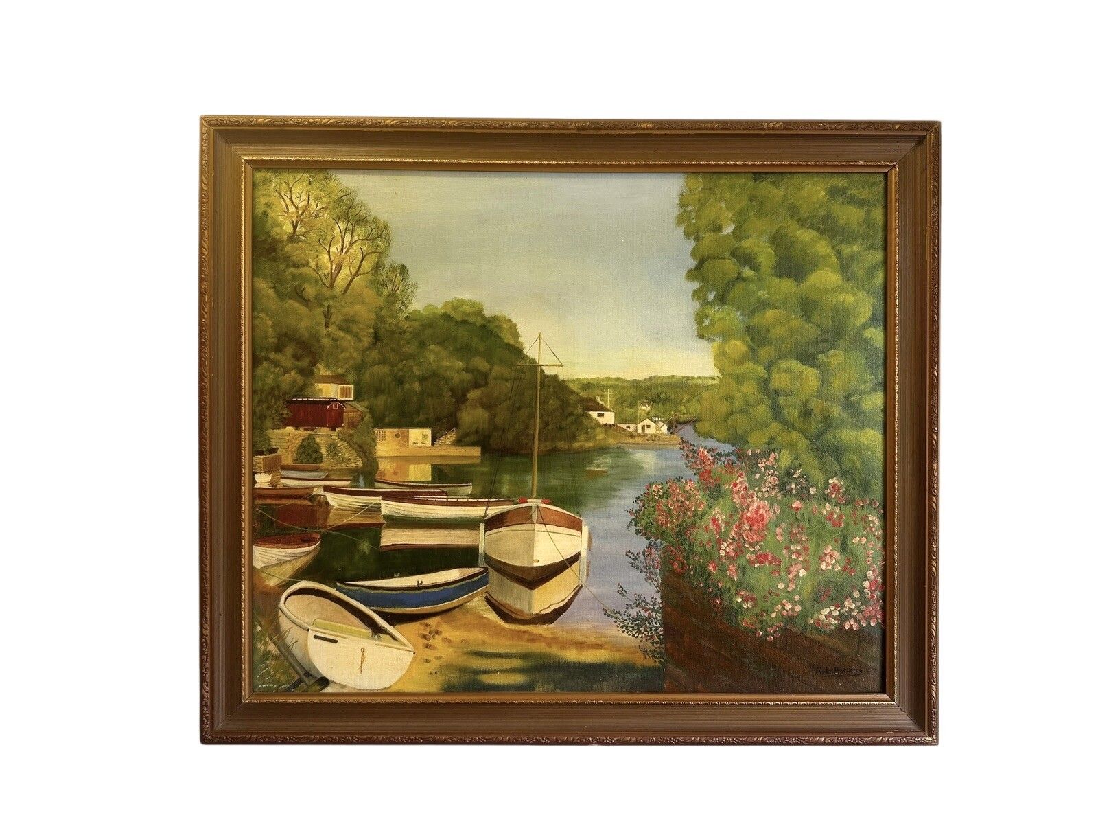 Fine Mid Century Oil Painting Harbour Scene Signed 68cm By 58cm photo furniture