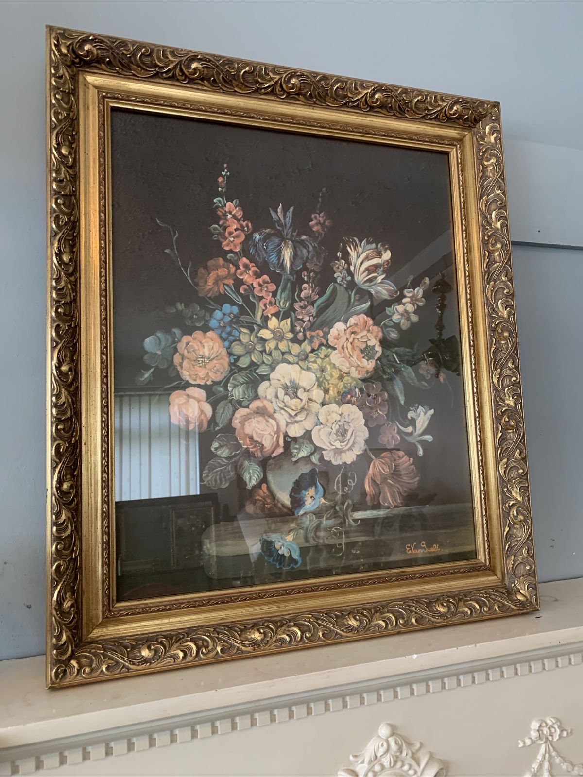 Vintage Mid Century Floral Print In Ornate Glass Frame By Dutch Painter photo Art