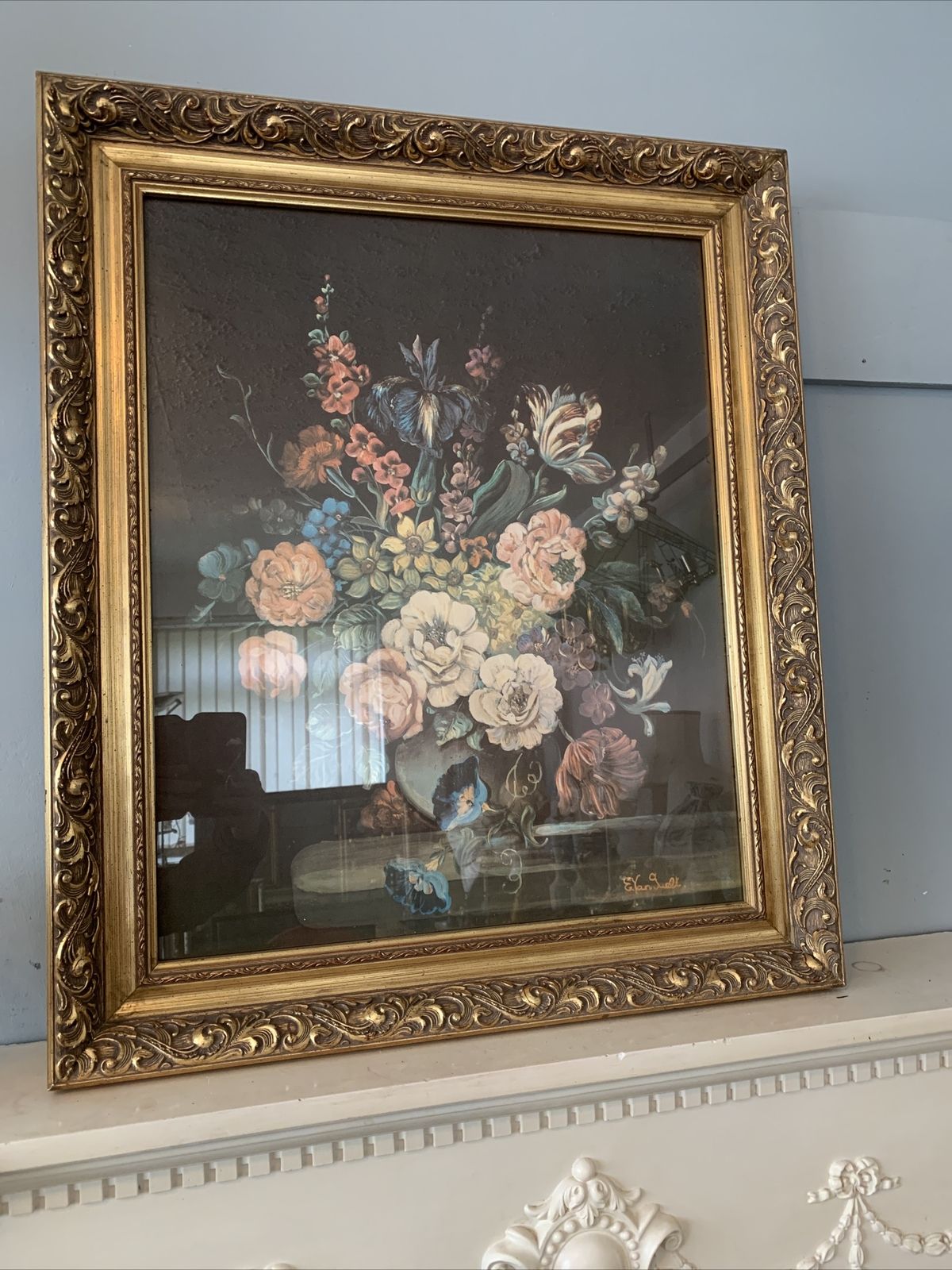 Vintage Mid Century Floral Print In Ornate Glass Frame By Dutch Painter photo 120.0