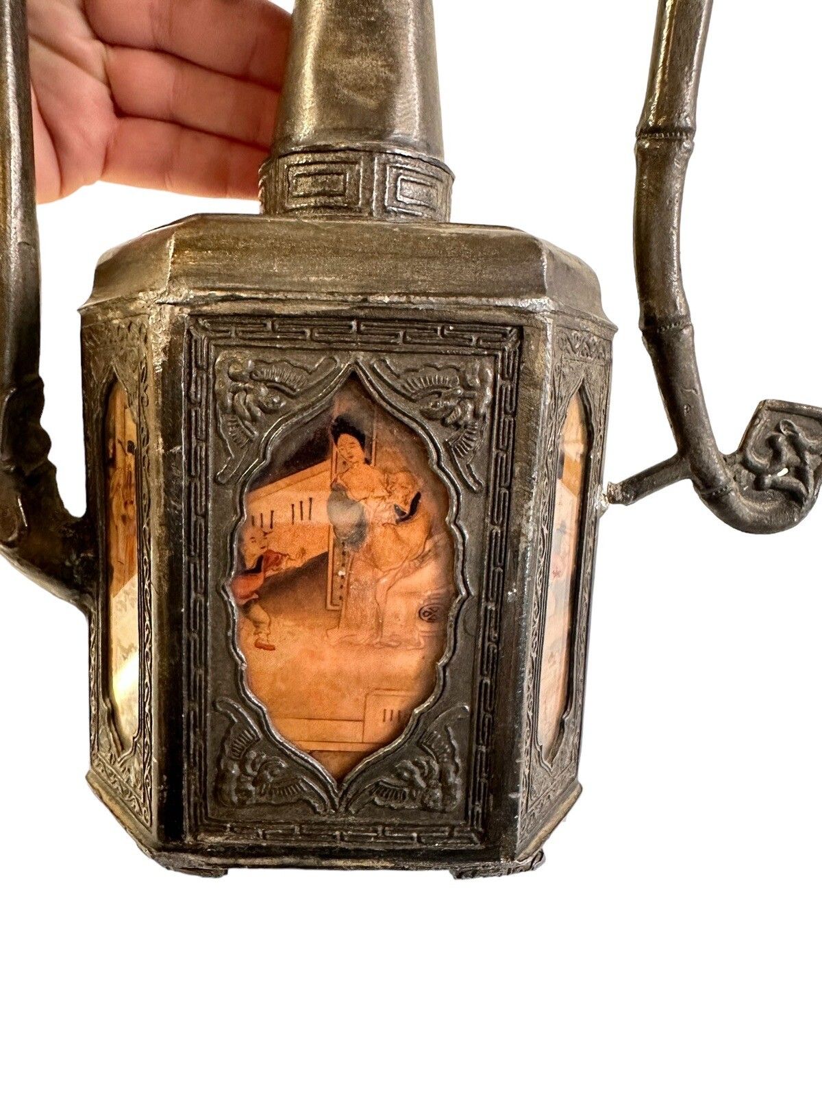 Antique Oriental Pewter Six Panel Glass Qing Dynasty Tea Pot photo buy