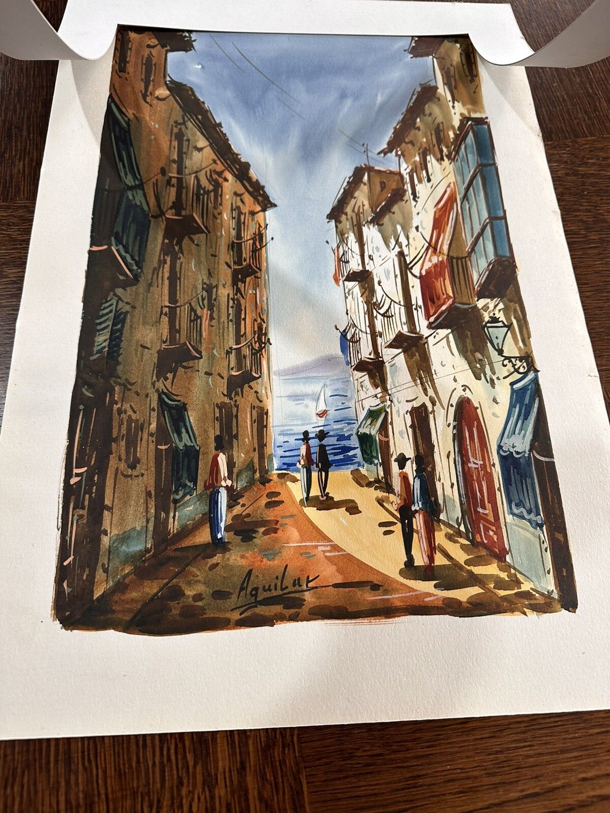 Original Signed Watercolour By Jorge Aguilar Barcelona Street Scene photo vinterior