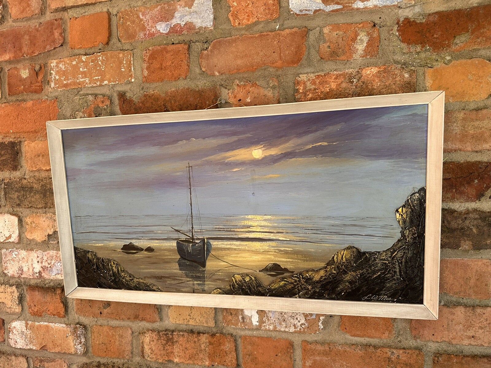 Mid Century Oil Painting  By L W Mee  Maritime Harbour Water Scene photo furniture
