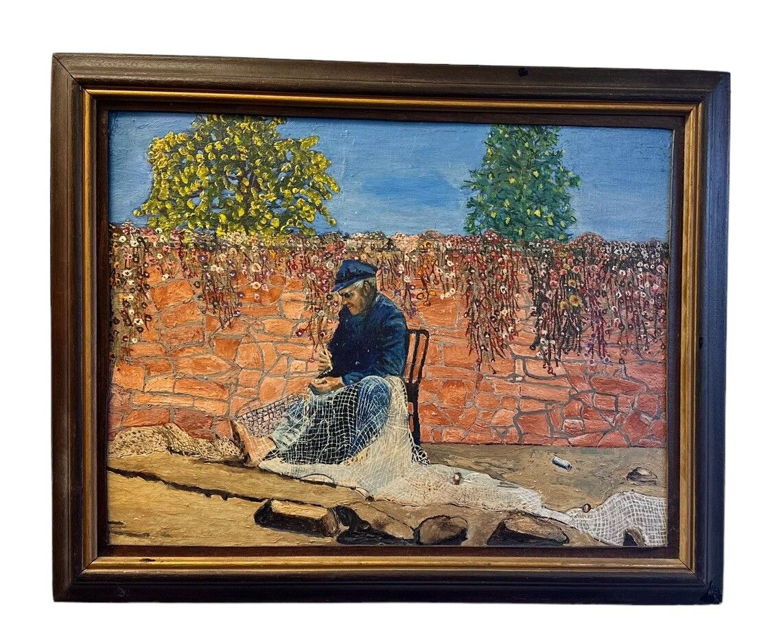 Mid Century Oil  Painting  Cornish Scene Fisherman  36cm By 31cm