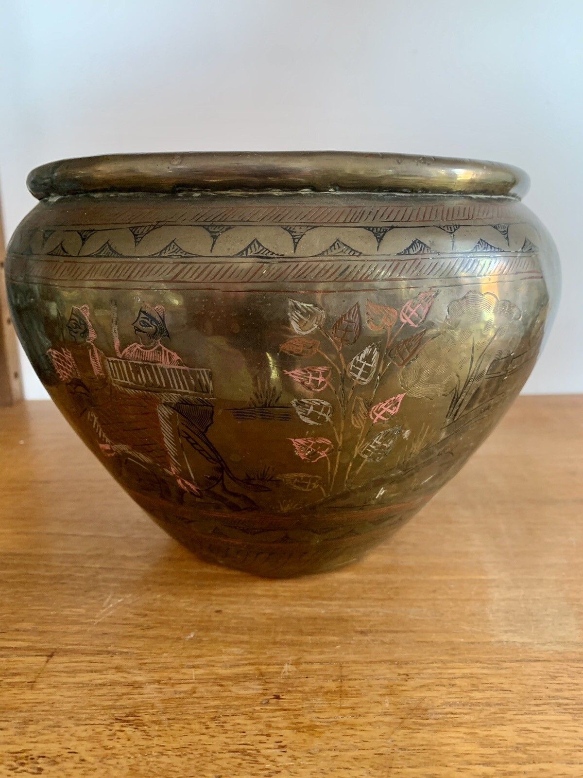 Antique Beautiful Bronze Anglo Indian Water Pot Deity God Engraved. photo Home Decor