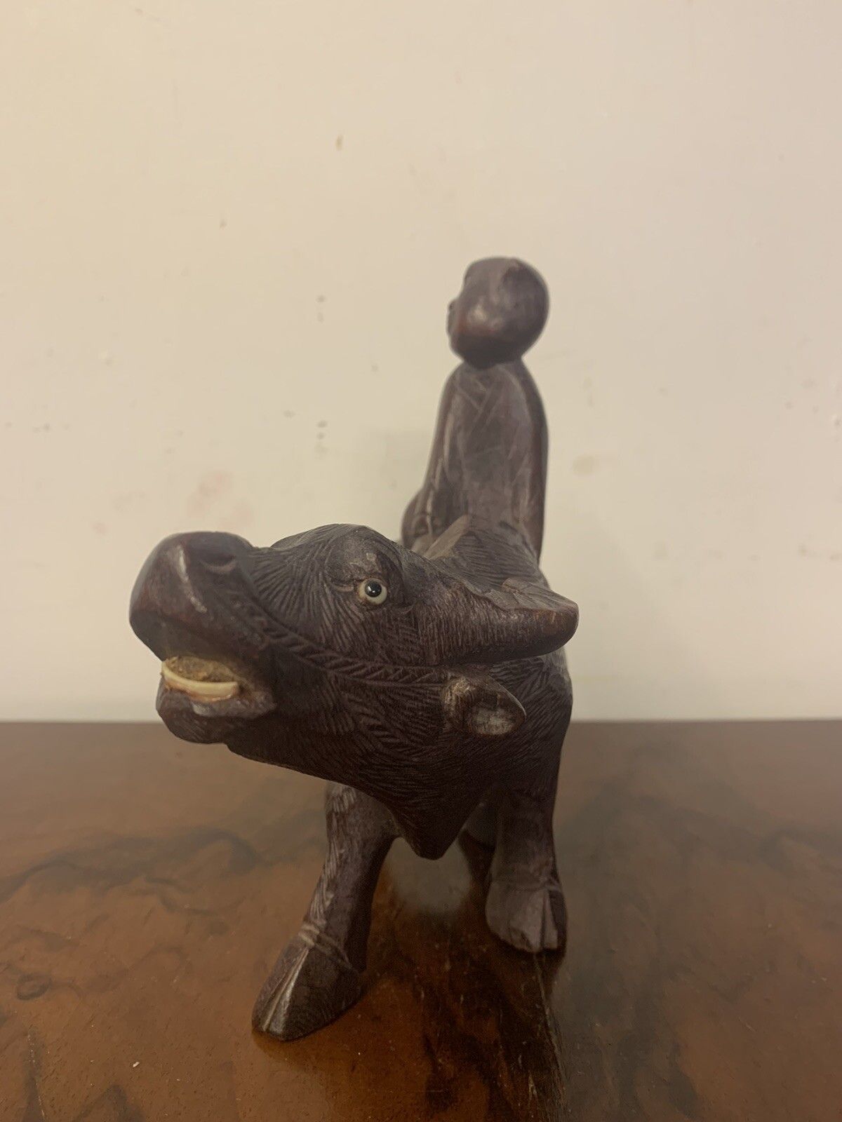 Vintage Asian Hand Carved Water Buffalo Wood Figure Statue Boy Ox Bull photo Art